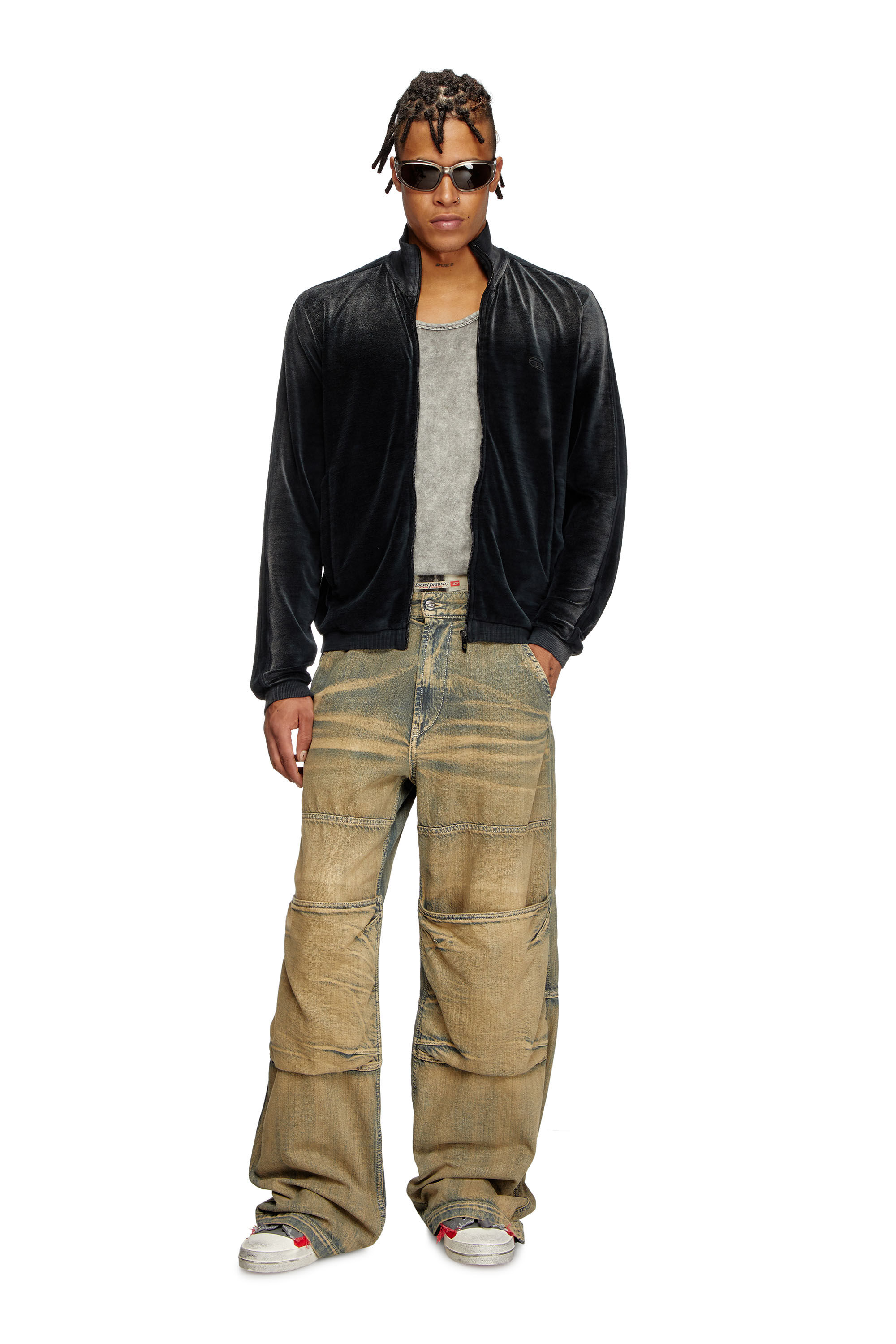 Diesel - S-OLOCK-BAND, Male's Faded velvet track jacket in Black - 1