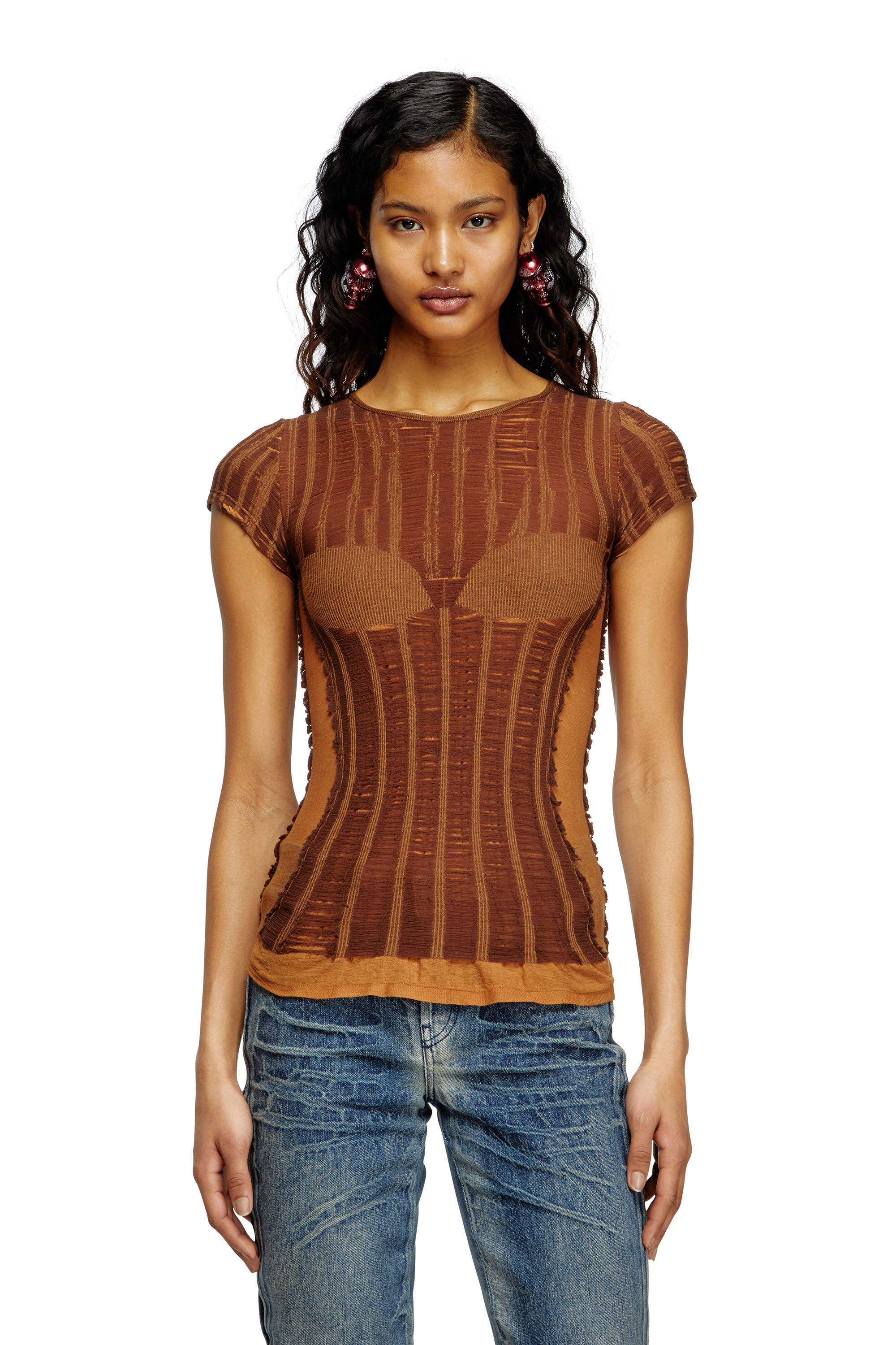 Diesel - M-CALAI-SS, Female's Seamless T-shirt with lingerie illusion in Brown - 3