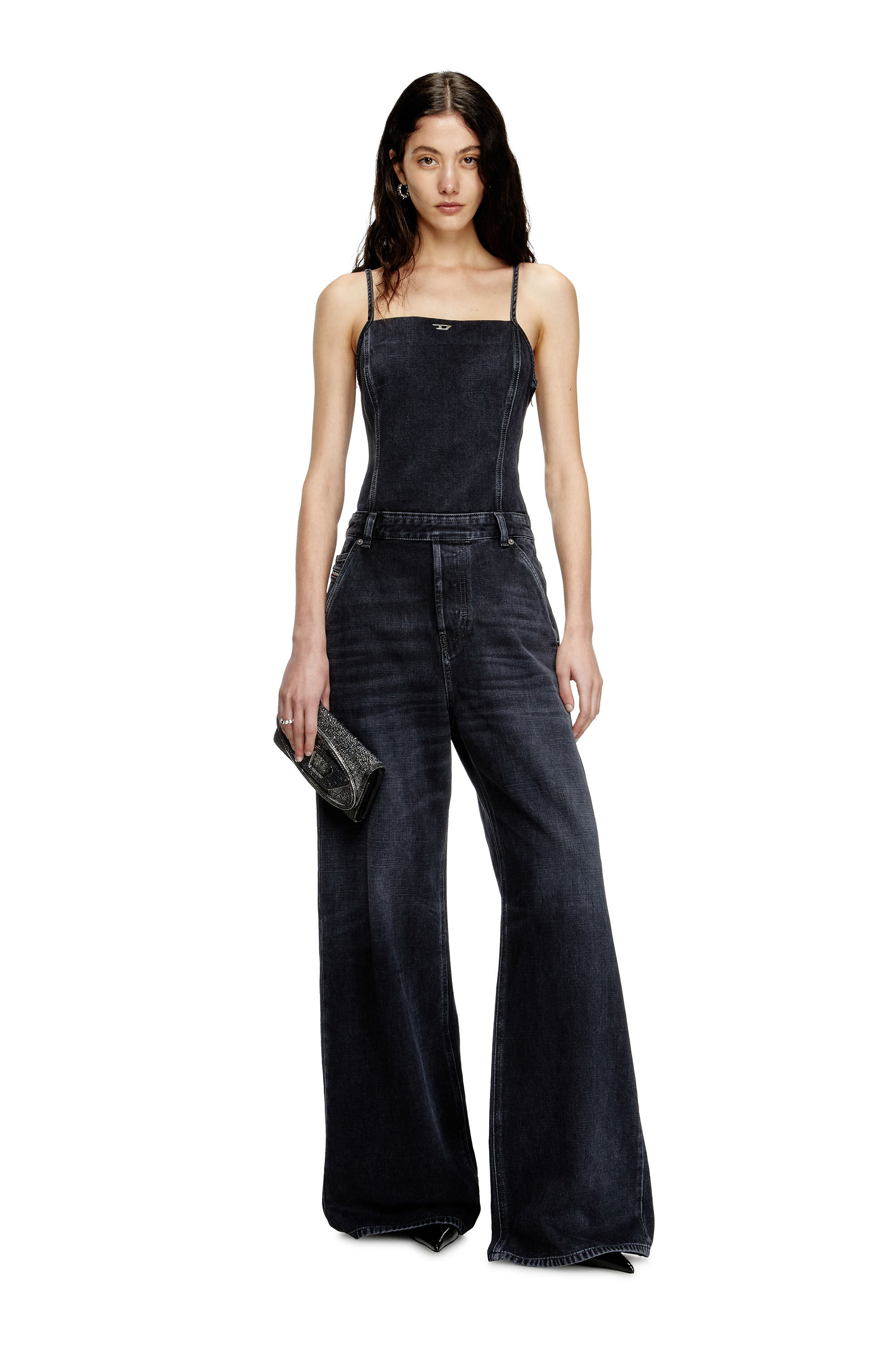 Diesel - DE-VORS, Female's Strappy jumpsuit in batavia-weave denim in Black/Dark Grey - 1