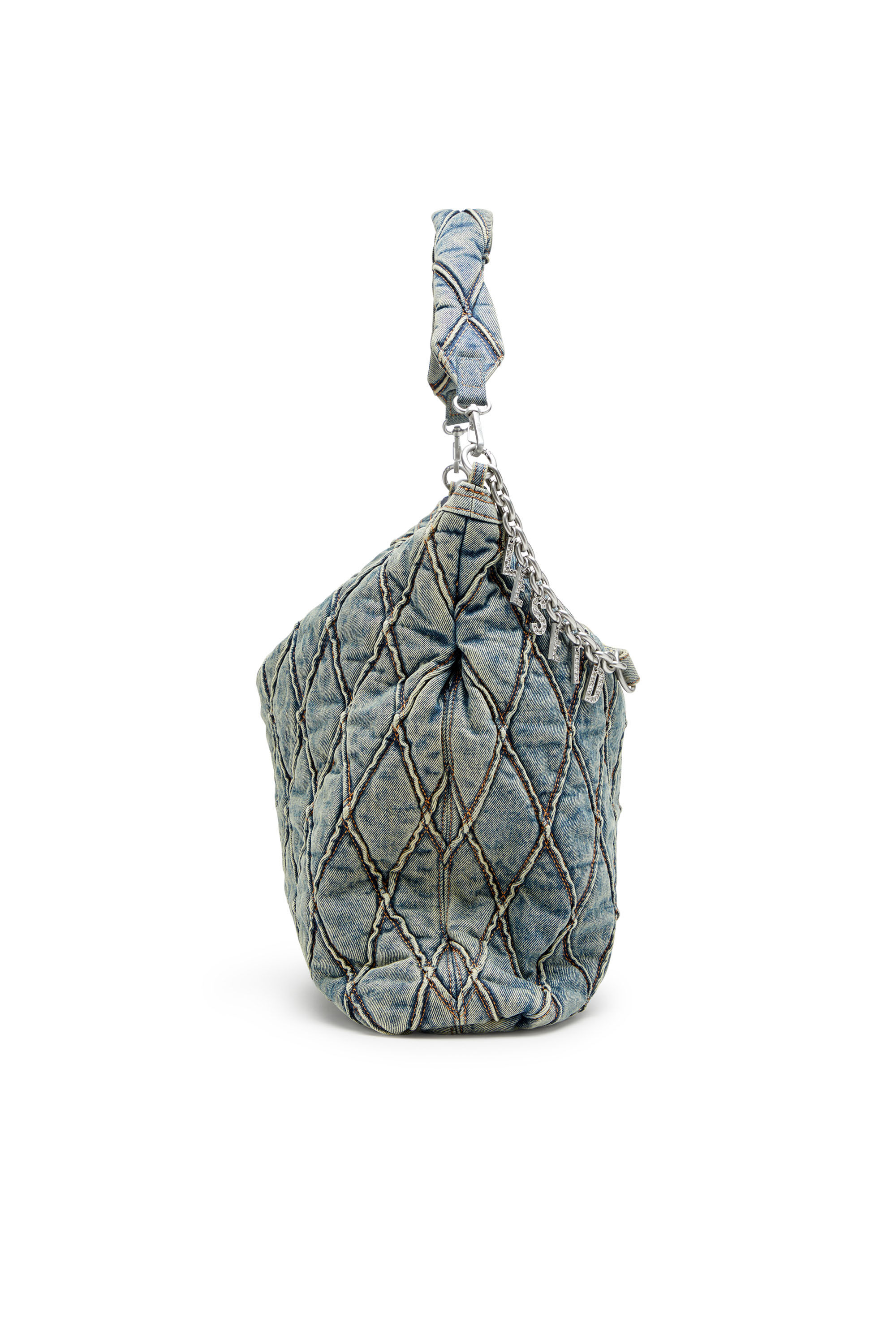 Diesel - CHARM-D HOBO, Charm-D-Grand sac hobo en denim matelassé motif Argyle Femme in Bleu - 4