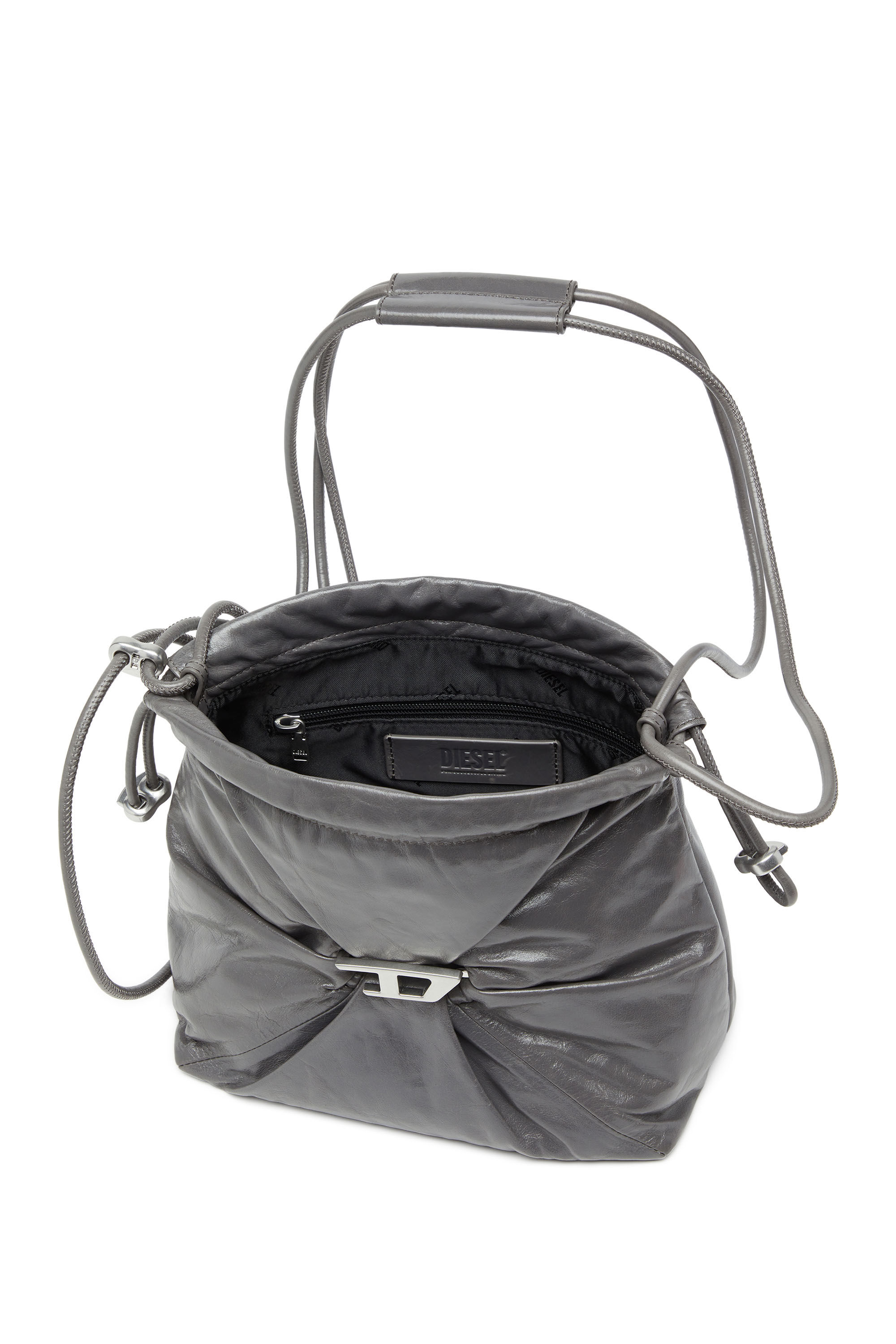 Women s Bucket bag in shiny wrinkled leather Grey Diesel
