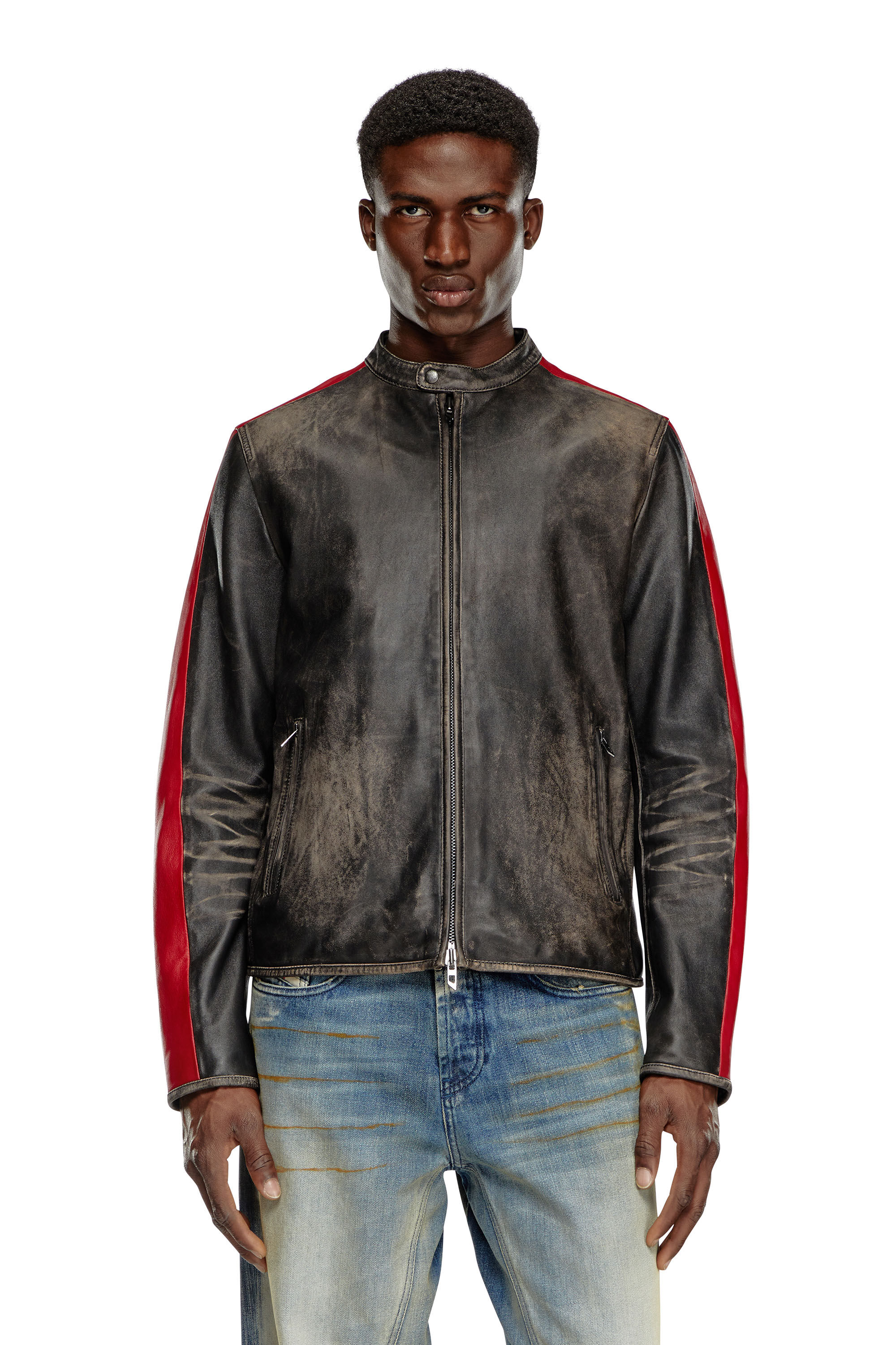 Black leather jacket red stripe shop