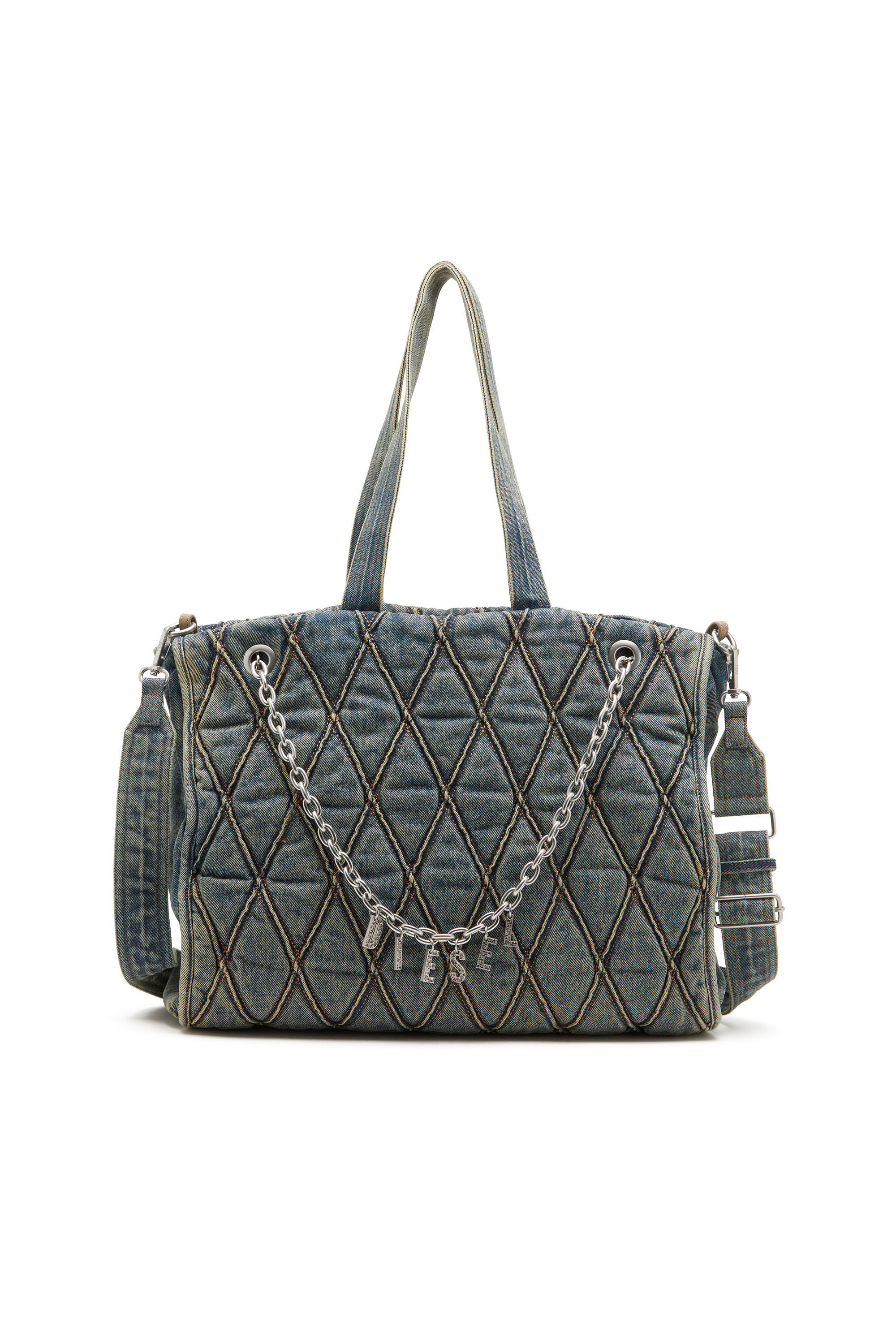Women s Charm D Tote bag in Argyle quilted denim Blue Diesel
