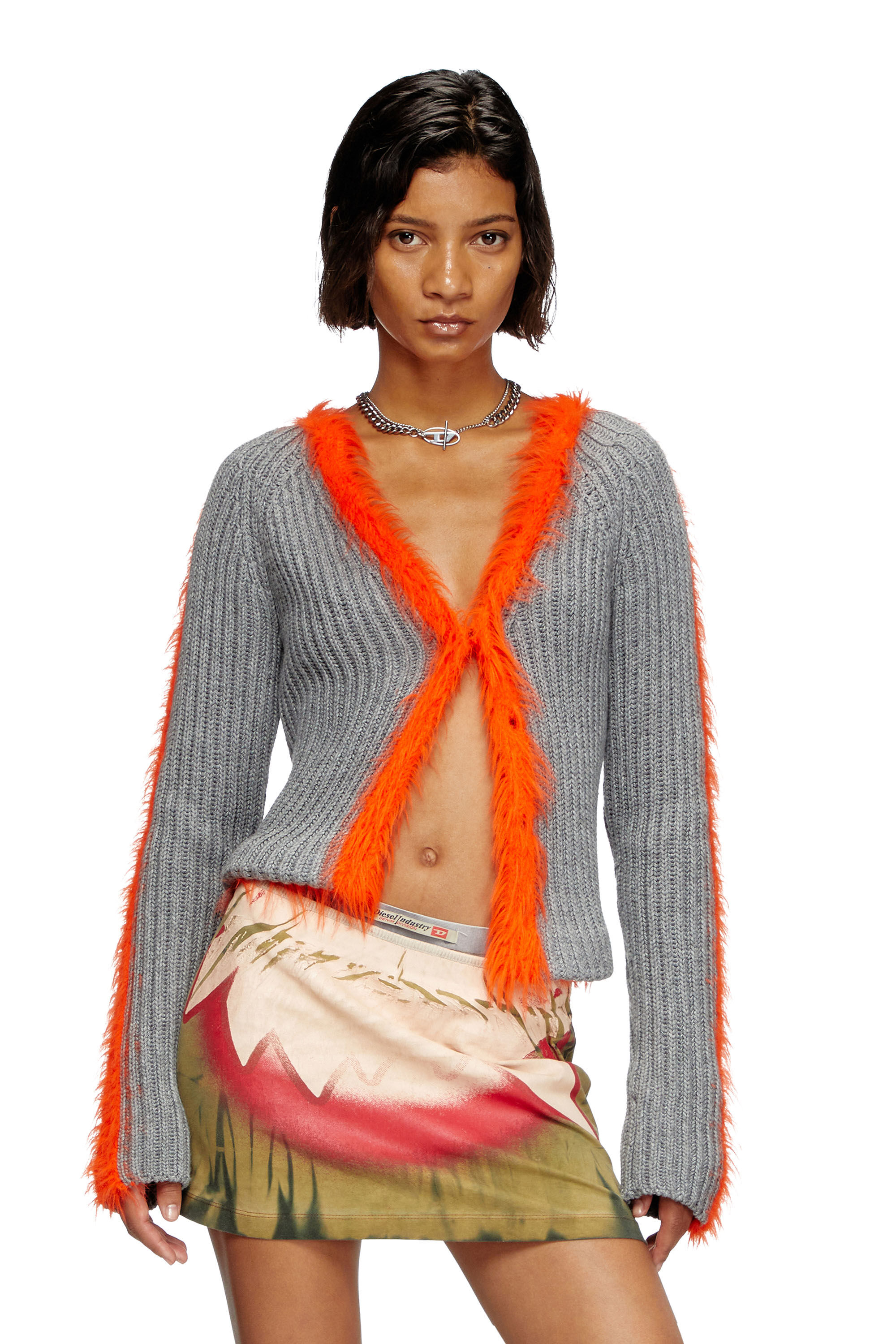 Diesel - M-TANITA, Female's Ribbed cardigan with fuzzy trims in Grey/Orange - 3