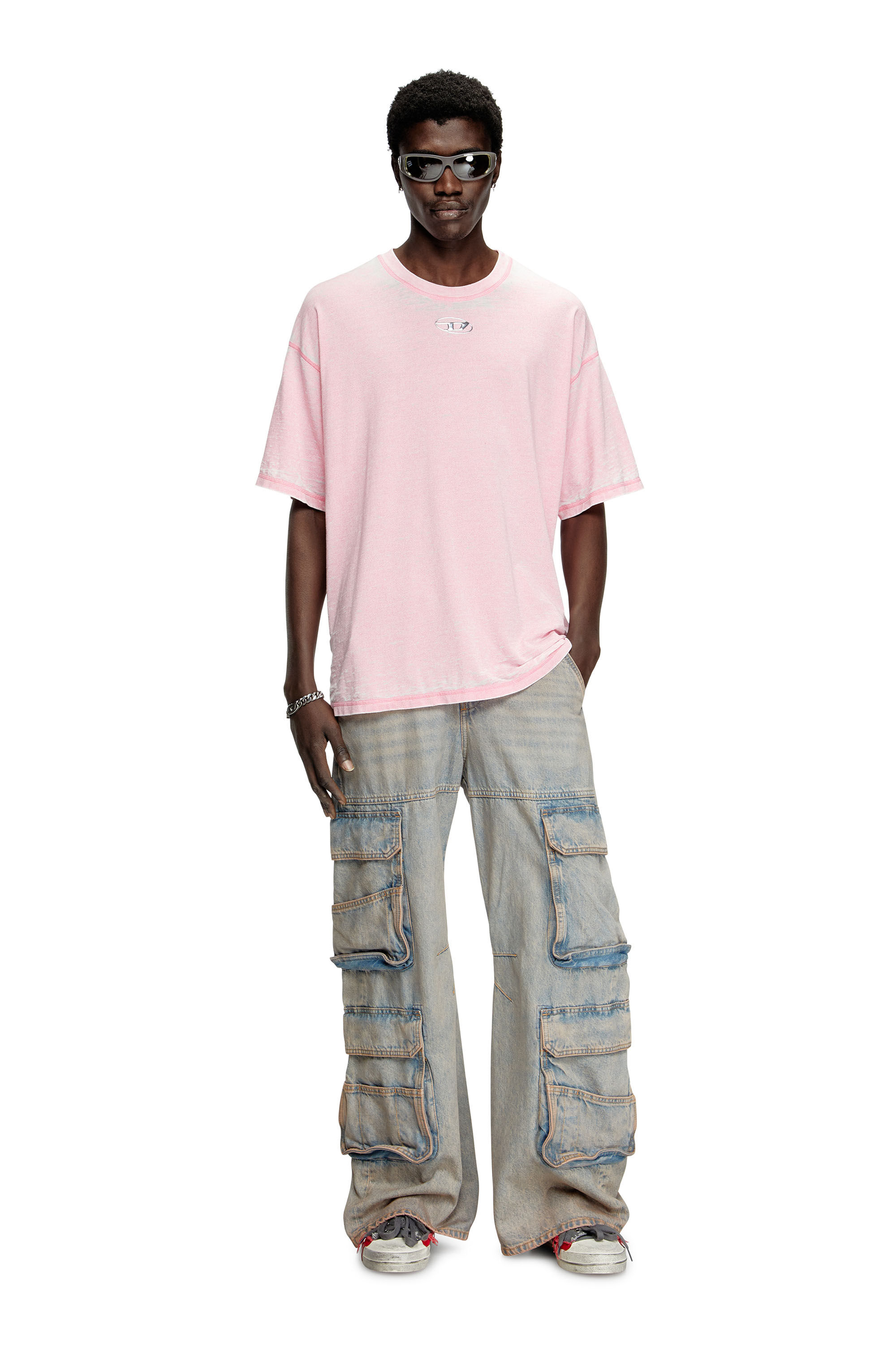 Diesel - T-BOXT-PAK, Male's Burnout T-shirt with metal-look logo in Pink - 1