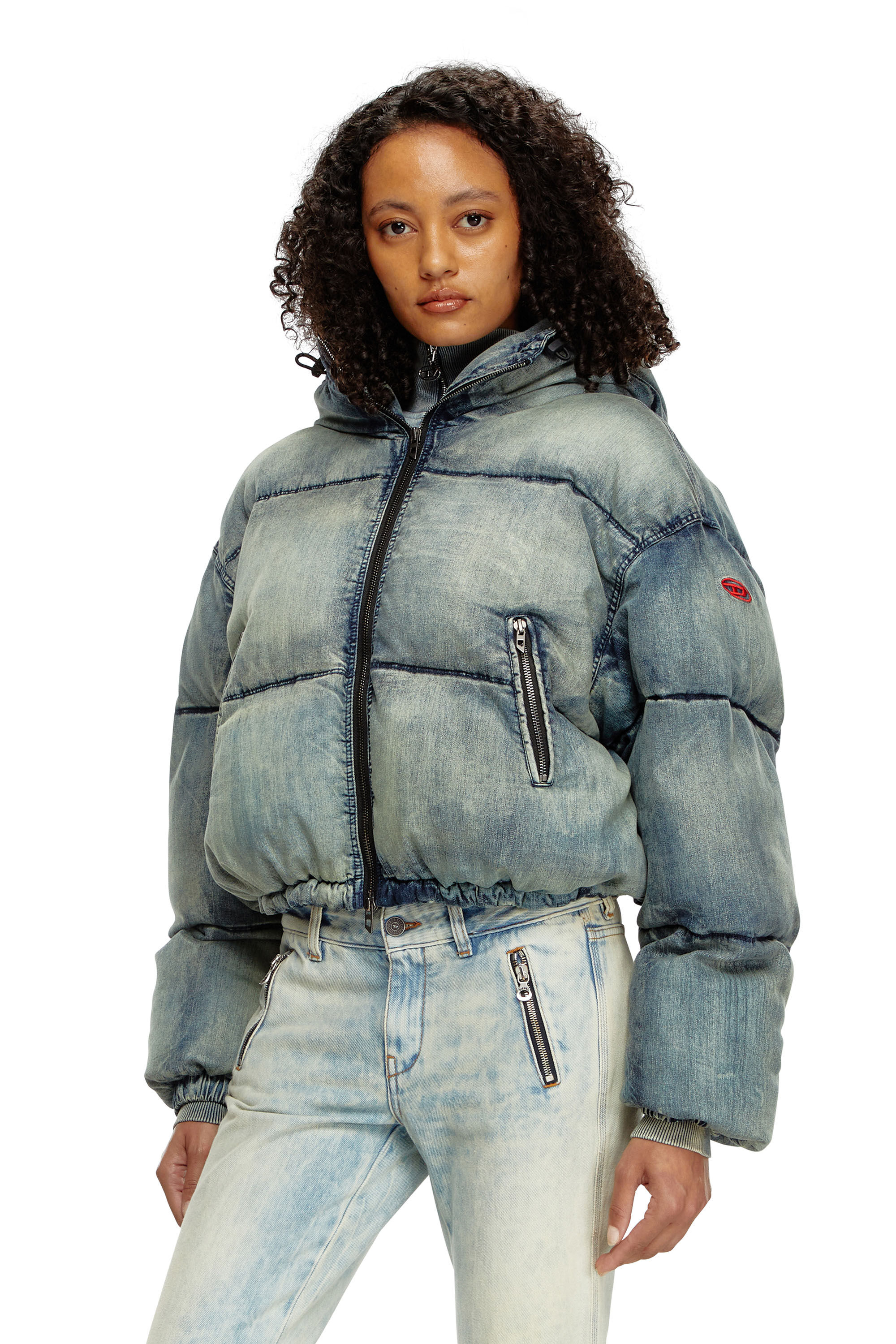 Diesel - W-AVES, Female's Cropped hooded puffer jacket in denim in Blue - 3