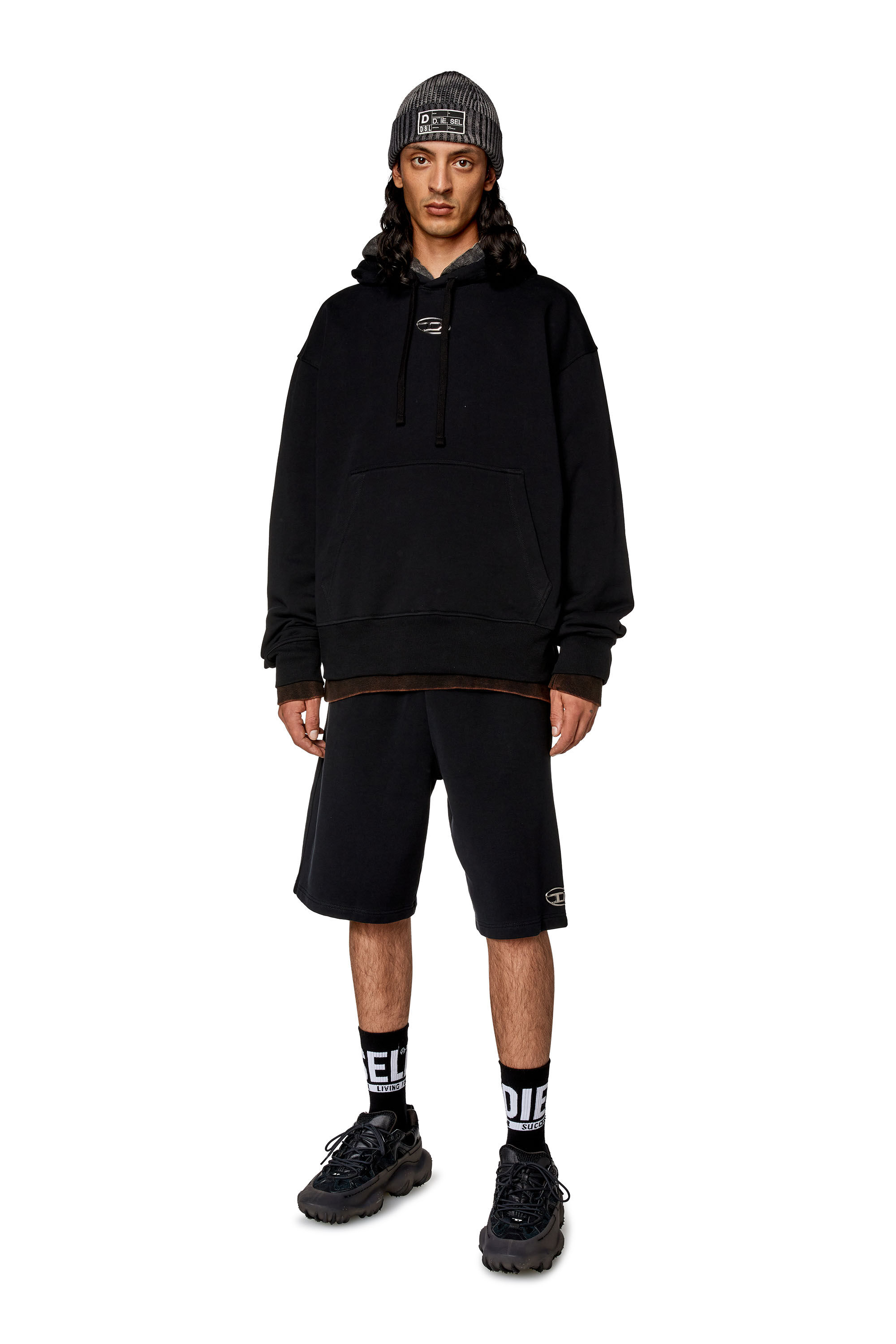 Diesel - S-MACS-HOOD-OD, Sweat-shirt à capuche oversize avec logo métallisé Homme in Noir - 1