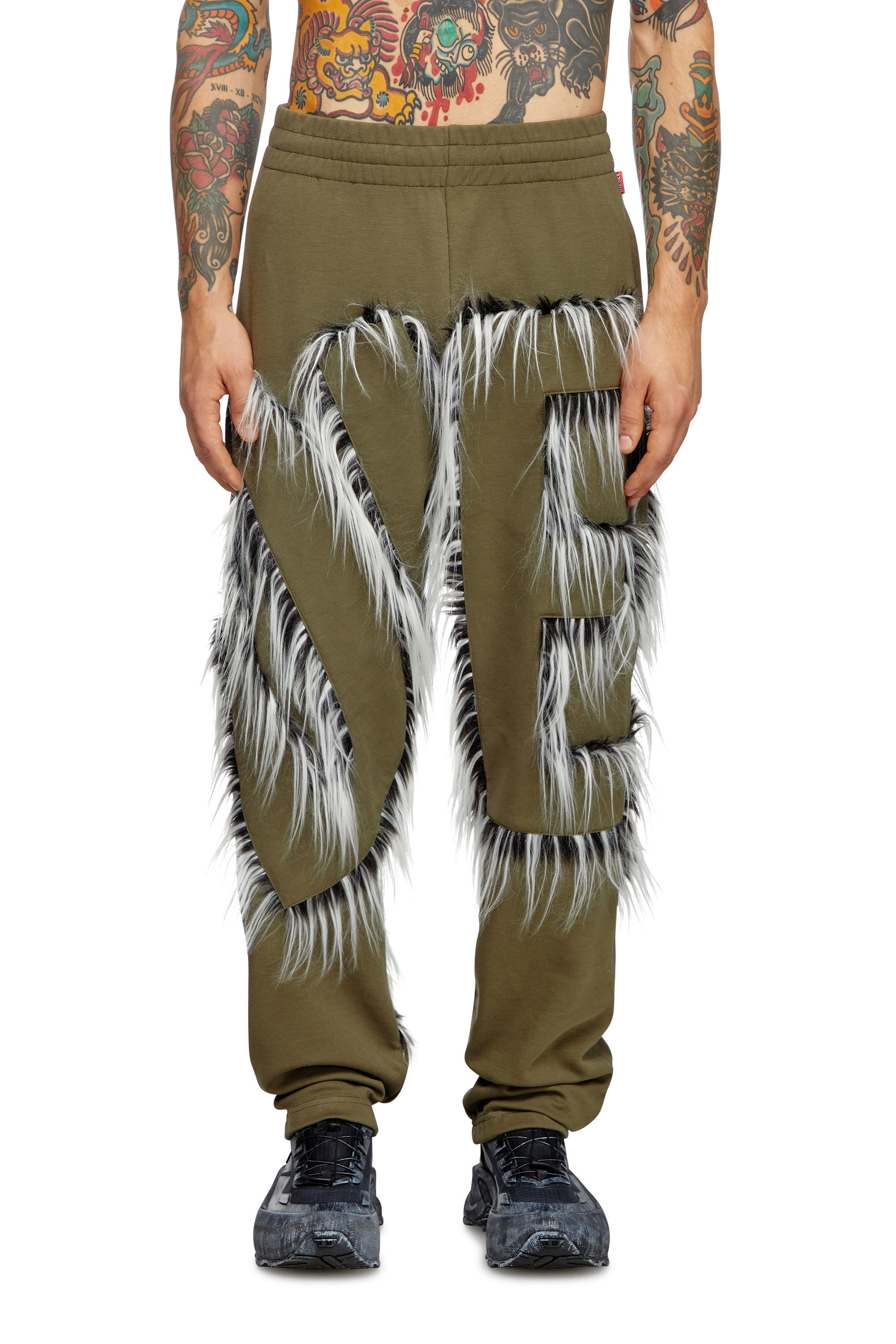 Diesel - P-BIMY-FUR, Male's Track pants with hairy-trim logo in Military Green - 3