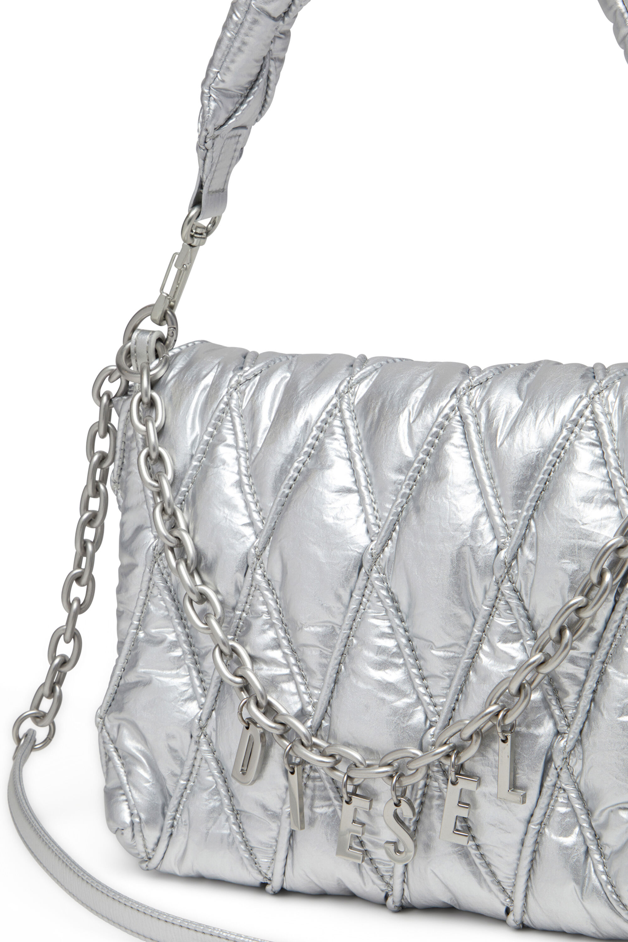 Diesel - CHARM-D SHOULDER M, Female's Charm-D M-Shoulder bag in quilted metallic nylon in Silver - 5