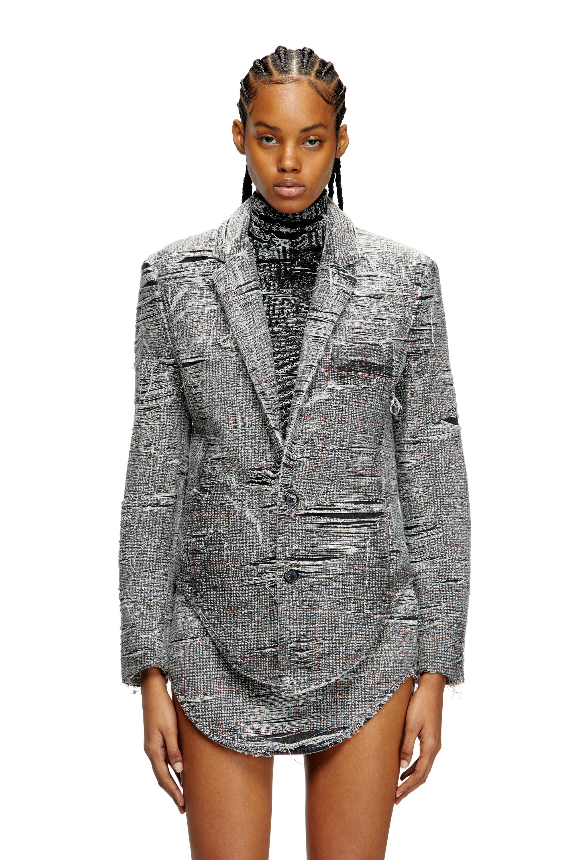 Diesel - DE-PHONIX-FSG, Female's Blazer in distressed Prince of Wales denim in Grey - 3