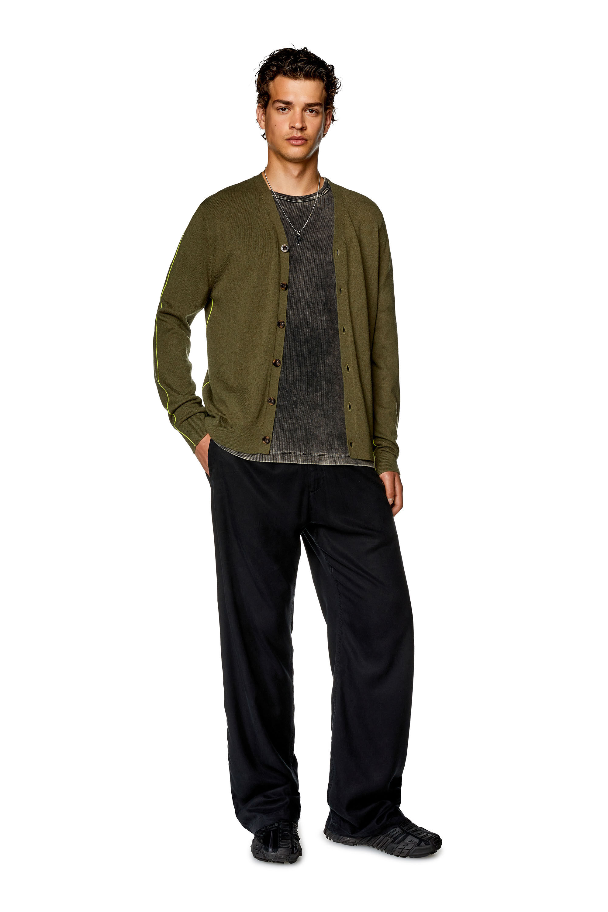Diesel - K-ZANTE, Male's Cardigan with contrast piping in Olive Green - 1