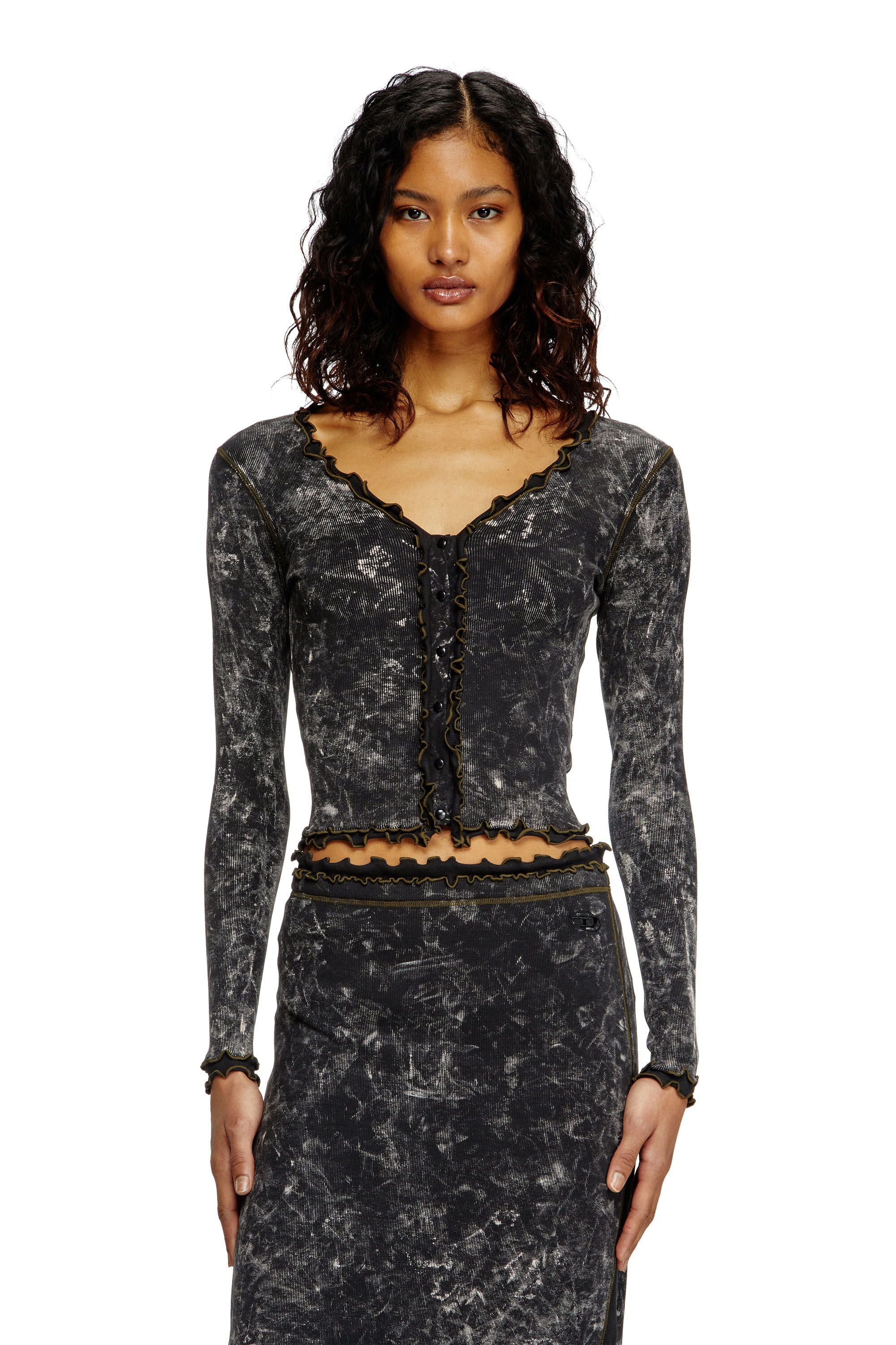 Diesel - T-FLUX, Female's Marbled buttoned top with ruffles in Black - 3