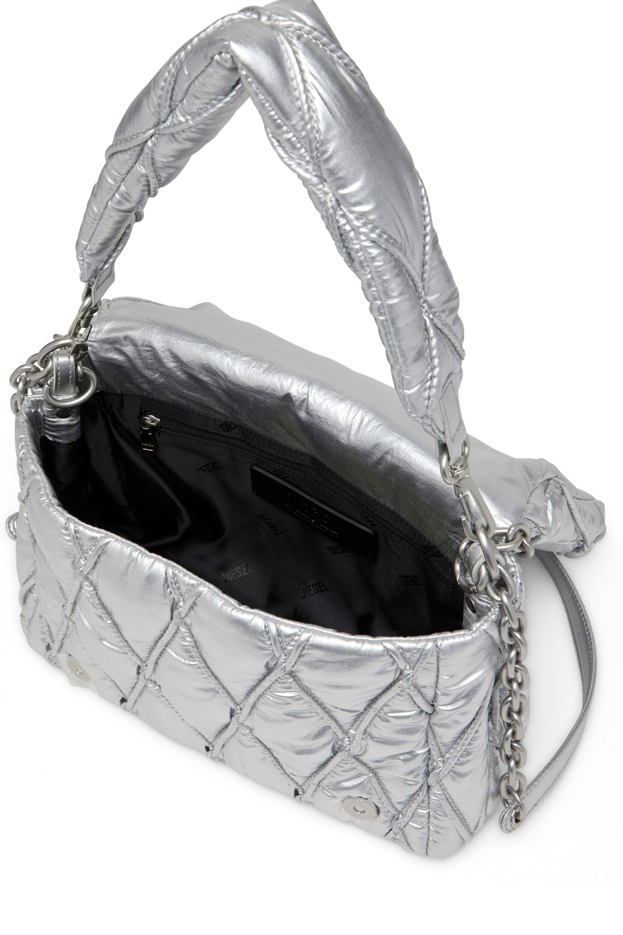 Diesel - CHARM-D SHOULDER M, Female's Charm-D M-Shoulder bag in quilted metallic nylon in Silver - 2