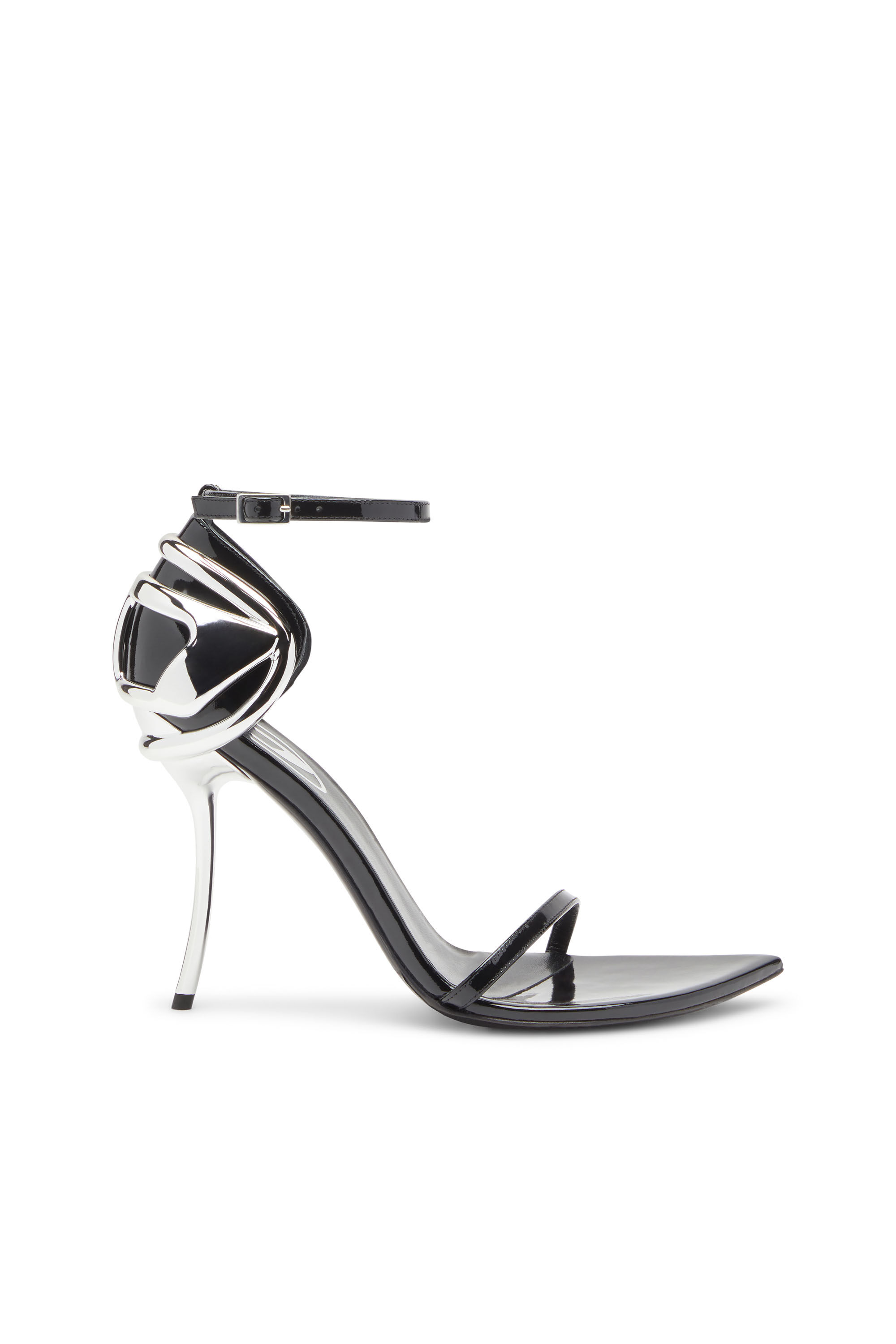 Diesel - D-TEN&HALF SANDAL, D-Ten&Half-Sandale à talon aiguille en cuir verni et satin Femme in Noir - 1