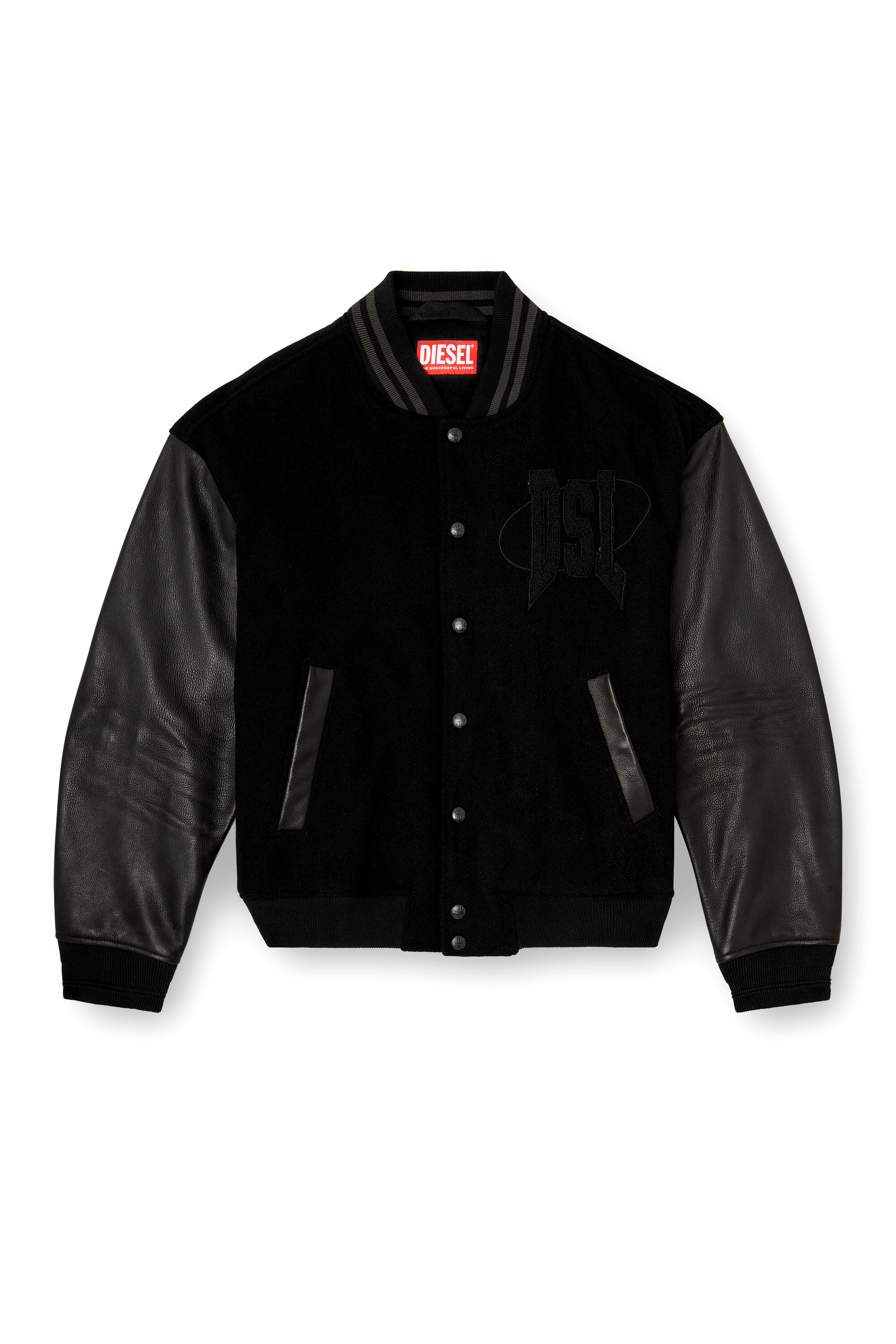 Diesel - L-NYMAN, Male's Varsity bomber jacket in cotton and leather in Black - 2