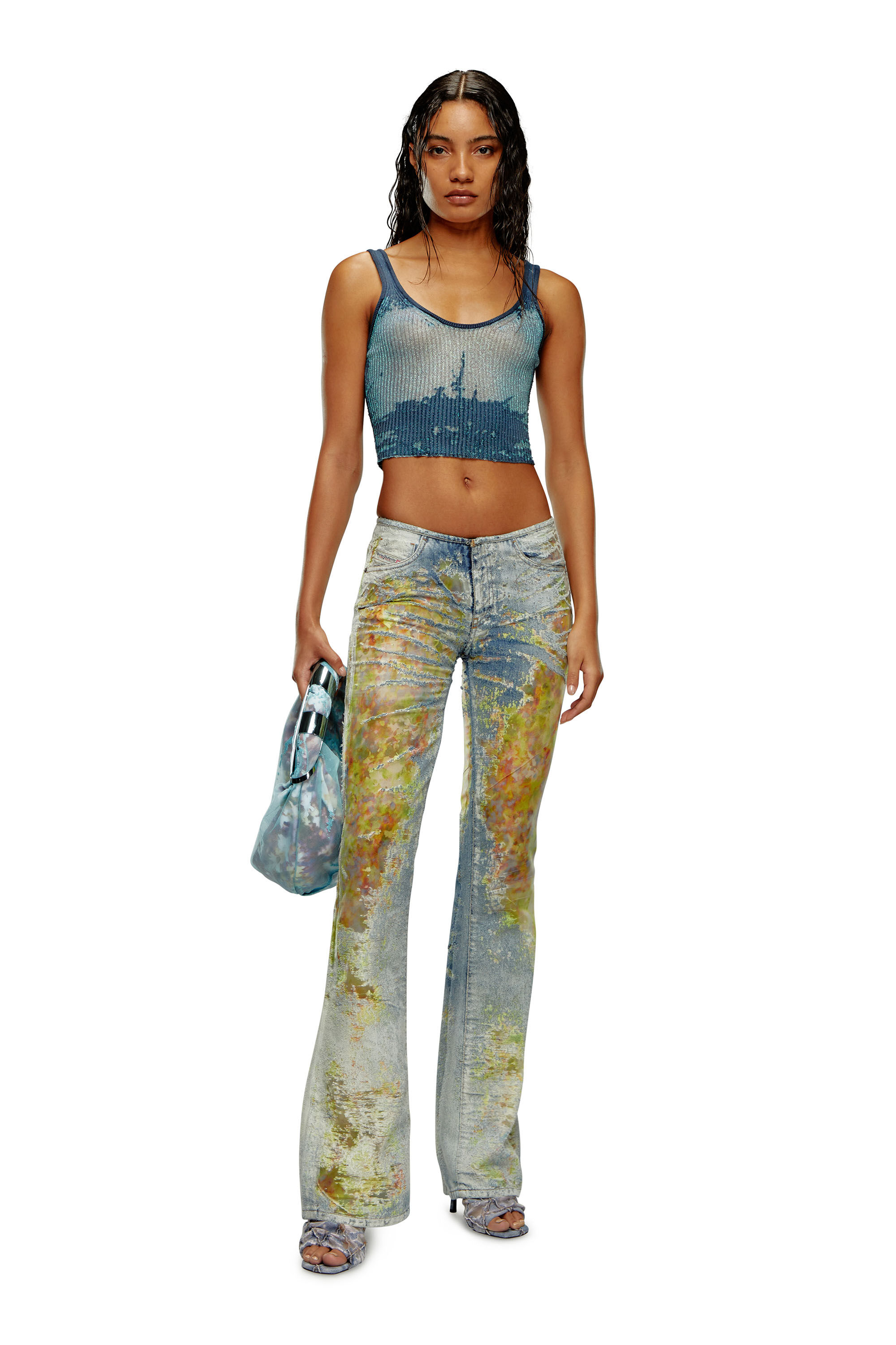 Diesel - GRAB-D HOBO S, Grab-D S-Sac hobo en denim dévoré avec fleurs Femme in Bleu - 6