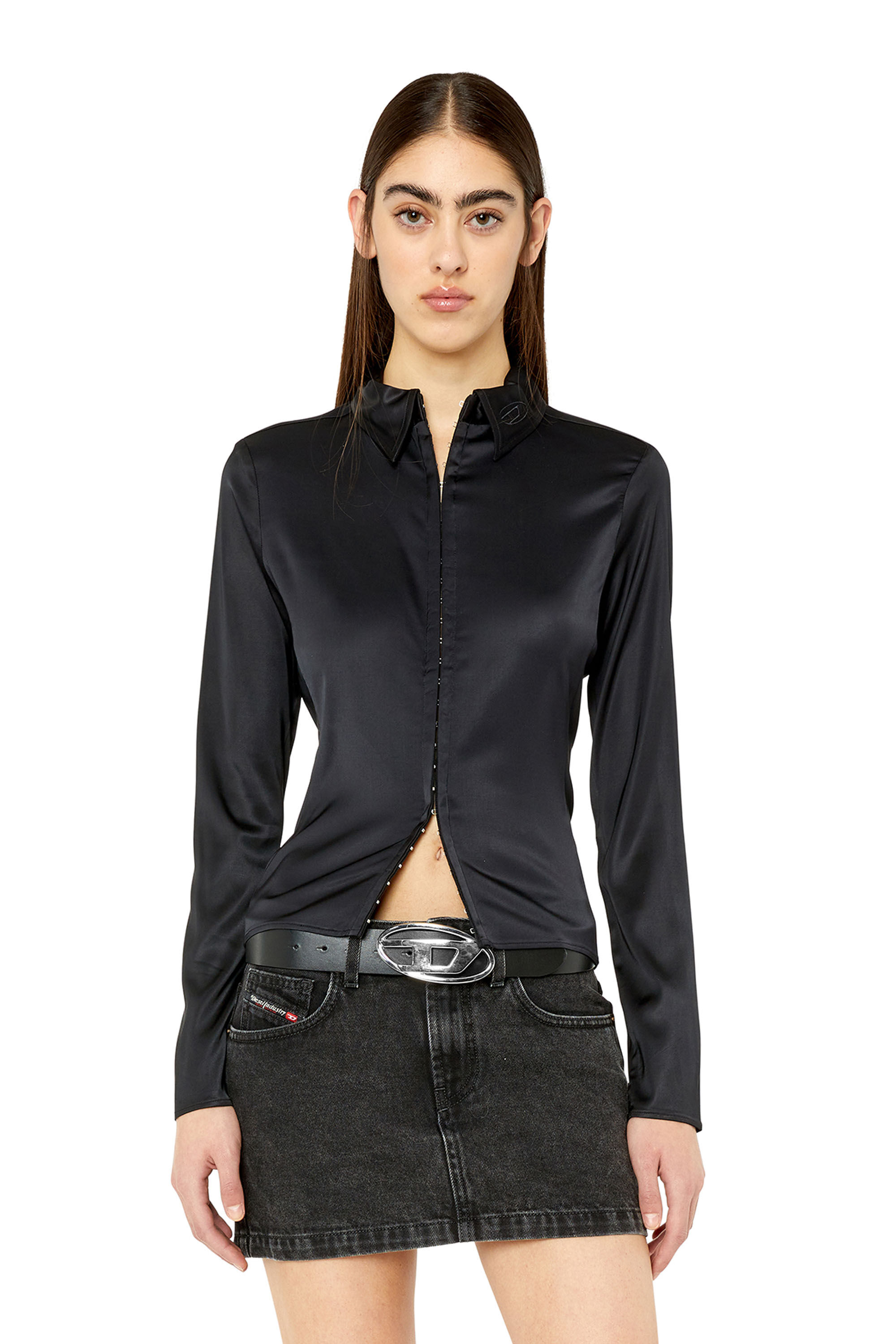 Diesel - C-BREA, Chemise en satin fluide avec broderie D Femme in Noir - 3