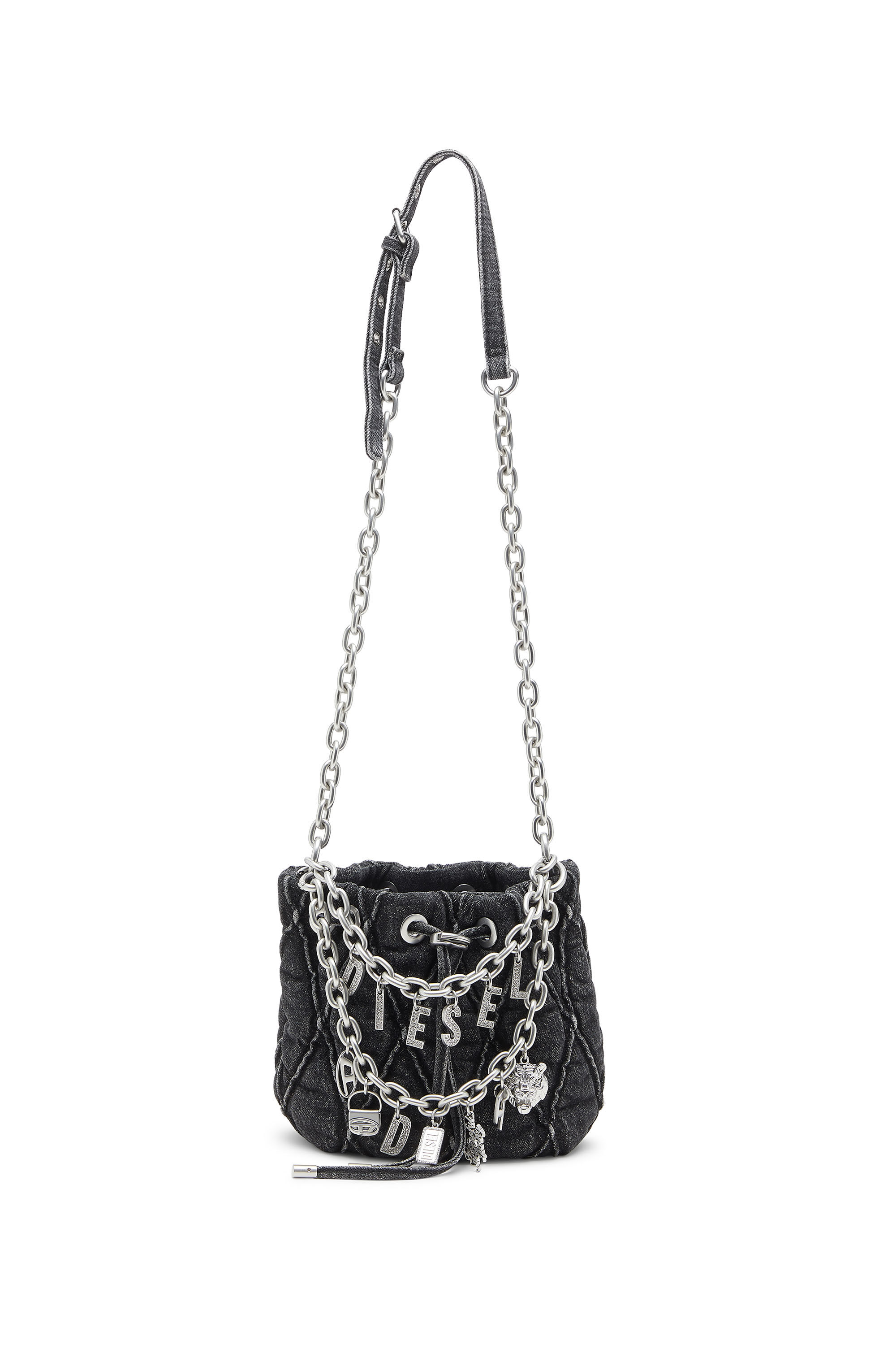Diesel - HOSHI CHARM-D BUCKET S, Female's Quilted-denim bucket bag with chain charms in Black - 1