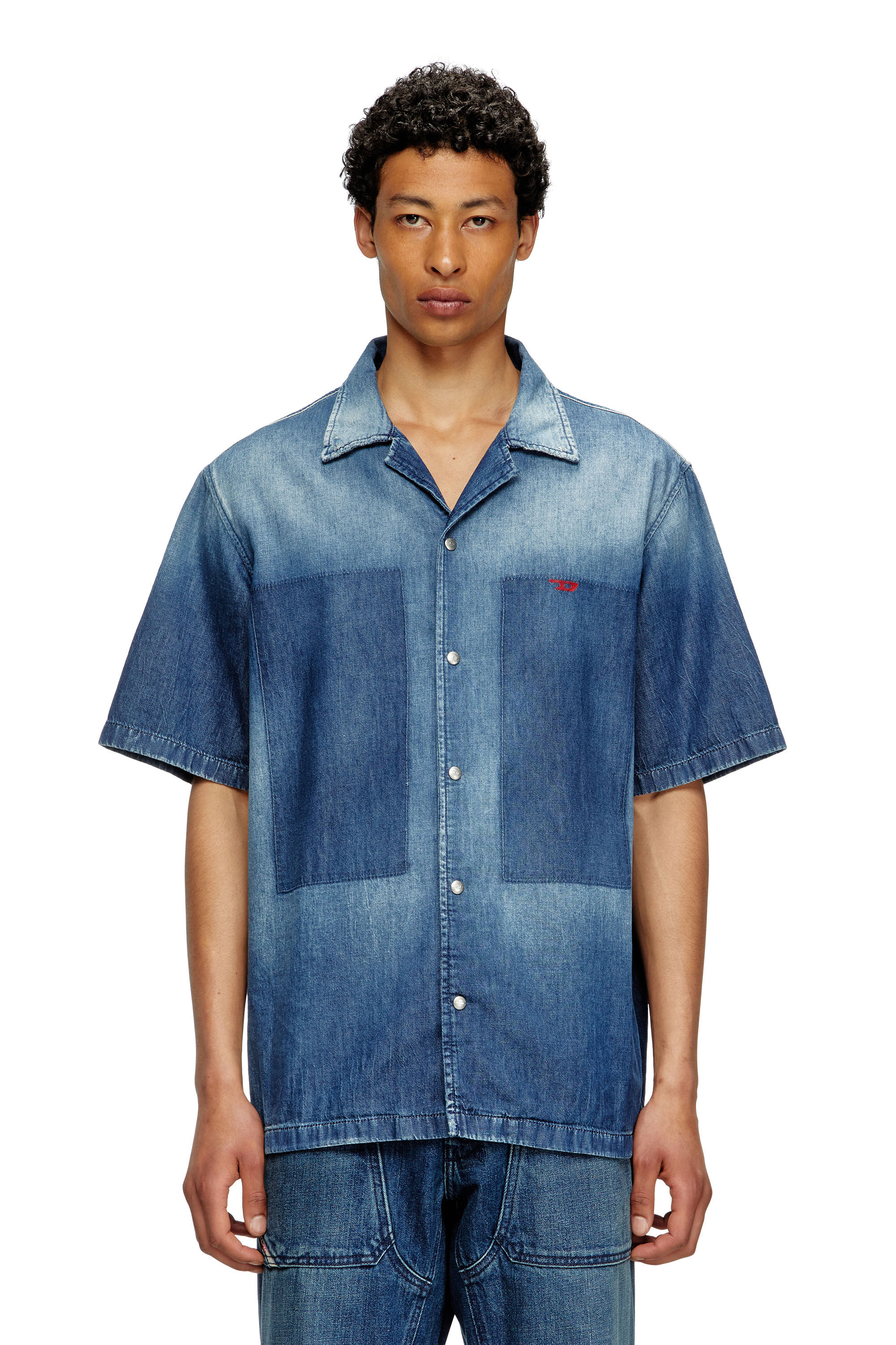 Diesel - D-NABIL-D, Male's Bowling shirt in contrast-effect denim in Medium Blue - 3