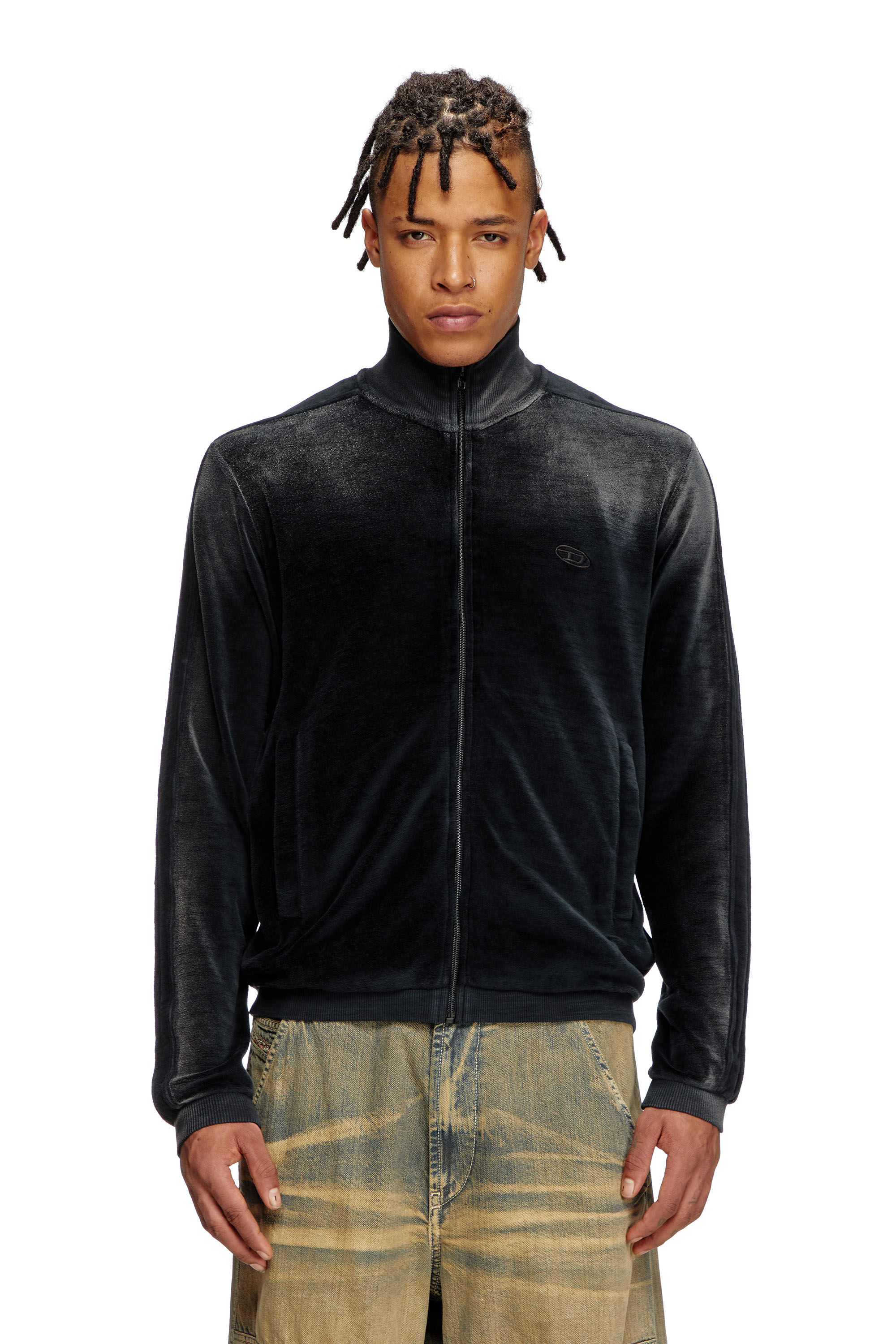 Diesel - S-OLOCK-BAND, Male's Faded velvet track jacket in Black - 3