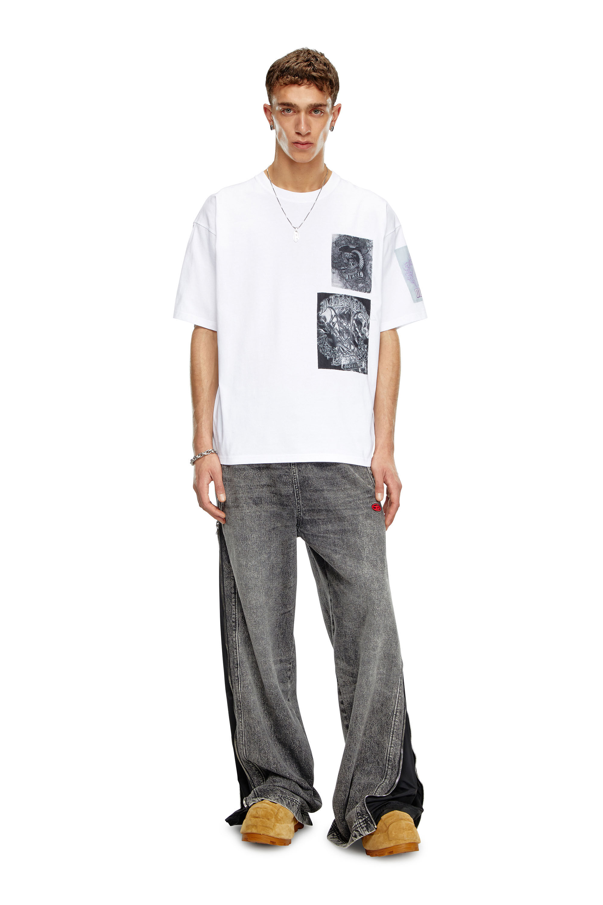 Diesel - T-BOXT-SLITS-Q10, T-shirt avec empiècements imprimés coupés brut Homme in Blanc - 1