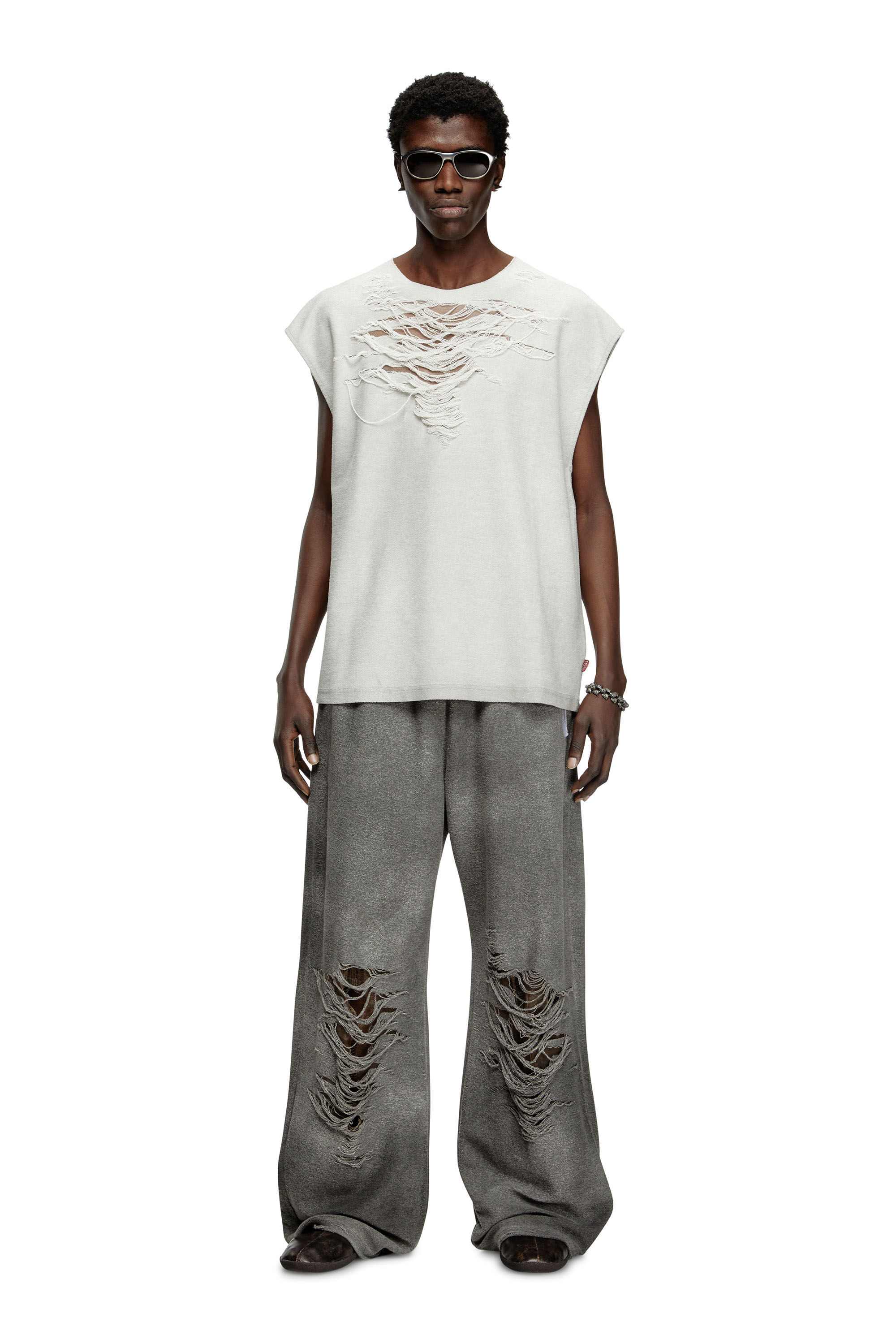 Diesel - S-RUB-SL, Male's Sleeveless sweatshirt with distressed front in Light Grey - 1