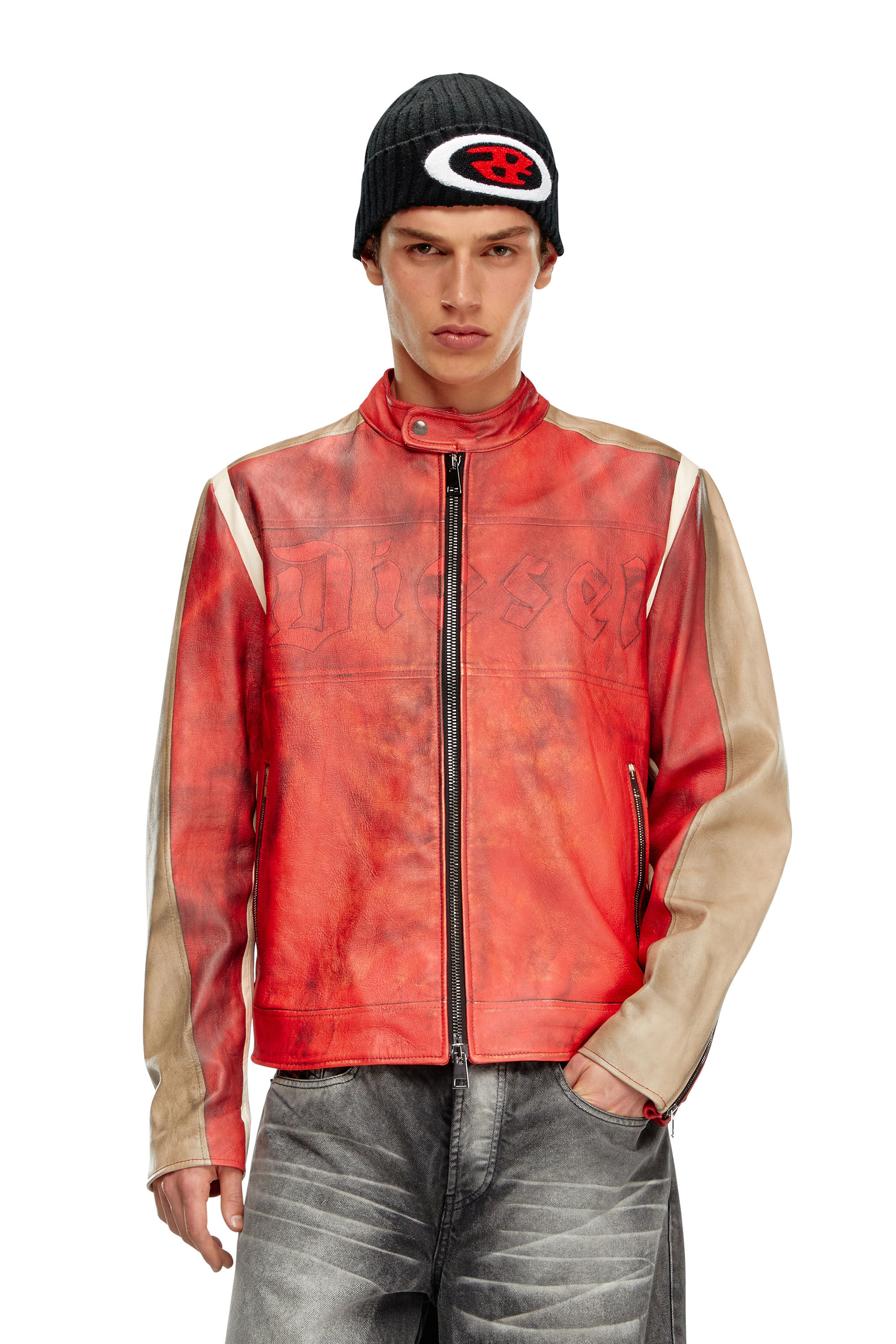 Men s Dirty effect leather biker jacket Red Diesel