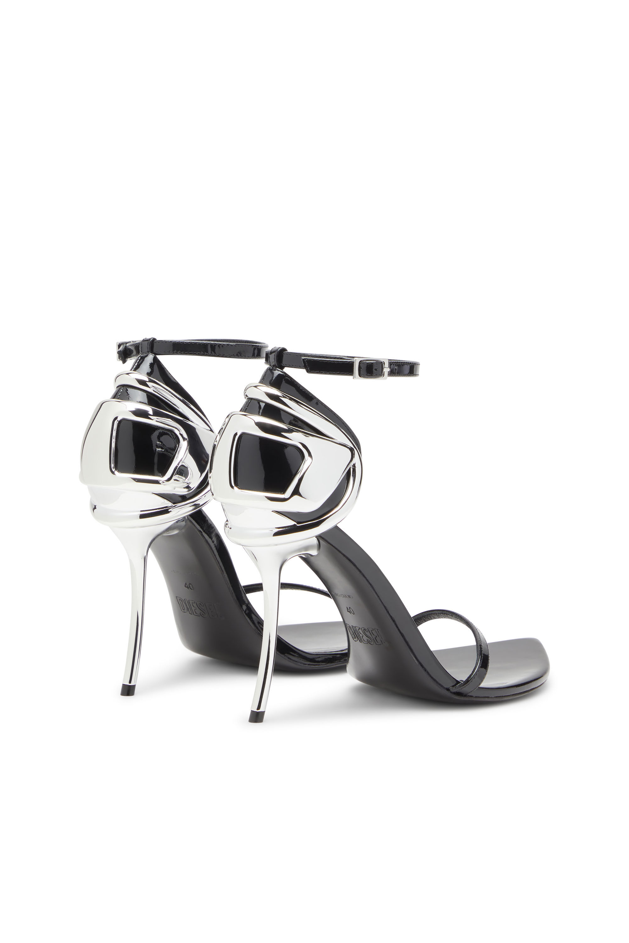 Diesel - D-TEN&HALF SANDAL, D-Ten&Half-Sandale à talon aiguille en cuir verni et satin Femme in Noir - 3