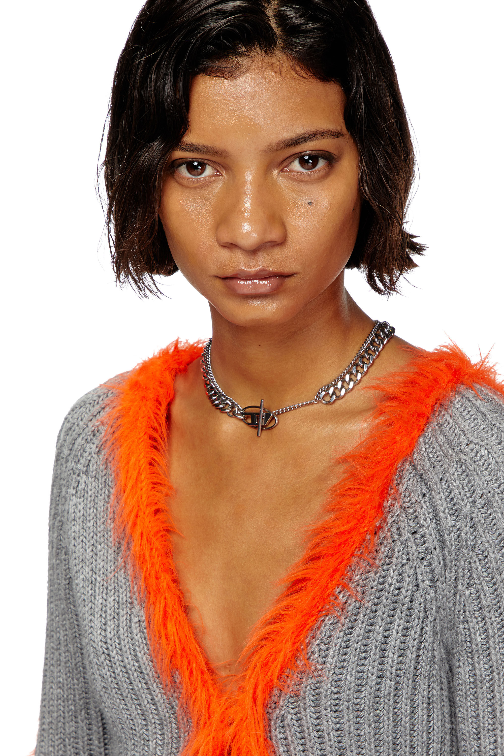 Diesel - M-TANITA, Female's Ribbed cardigan with fuzzy trims in Grey/Orange - 5