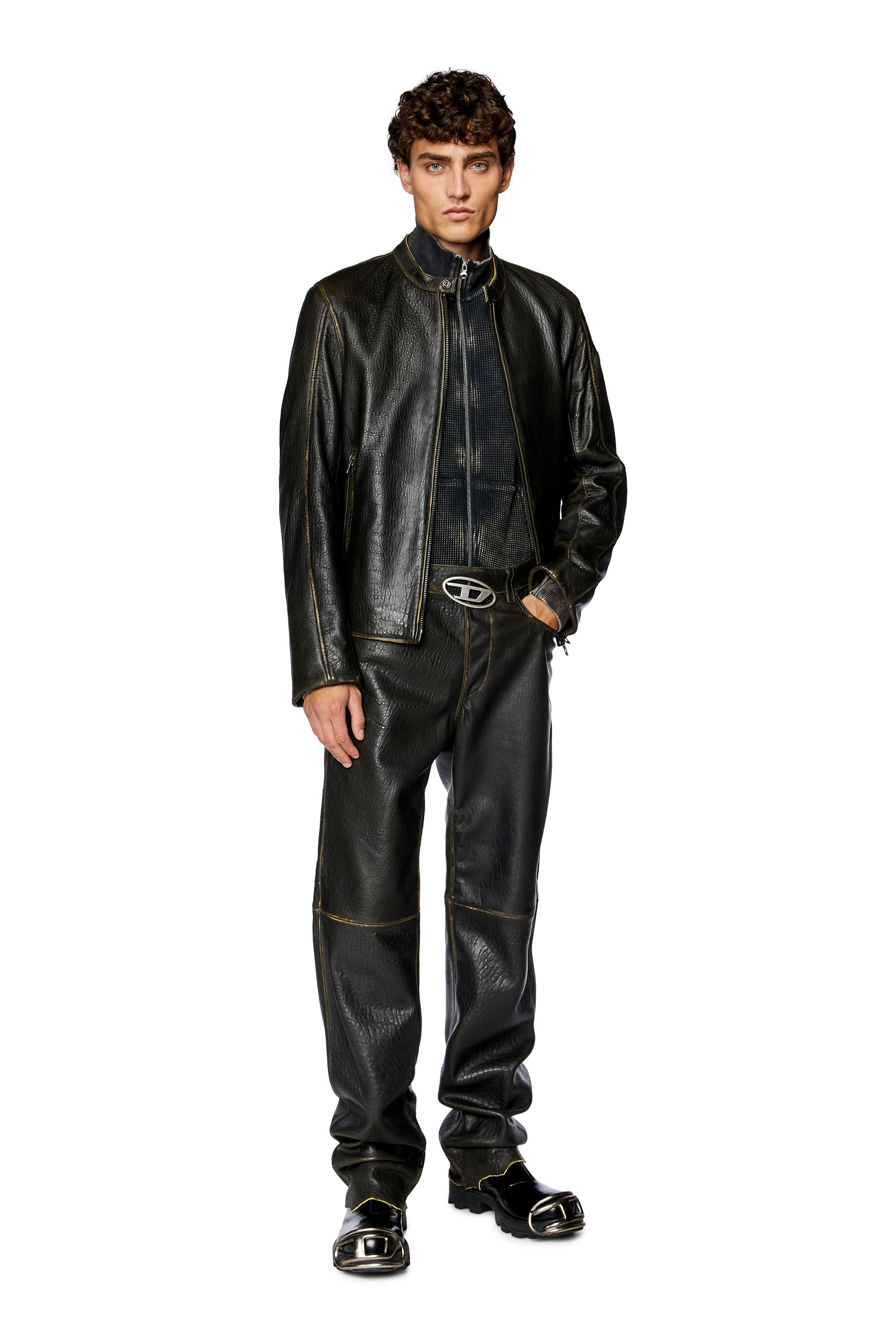 Veste biker en cuir effet use homme Marron Diesel
