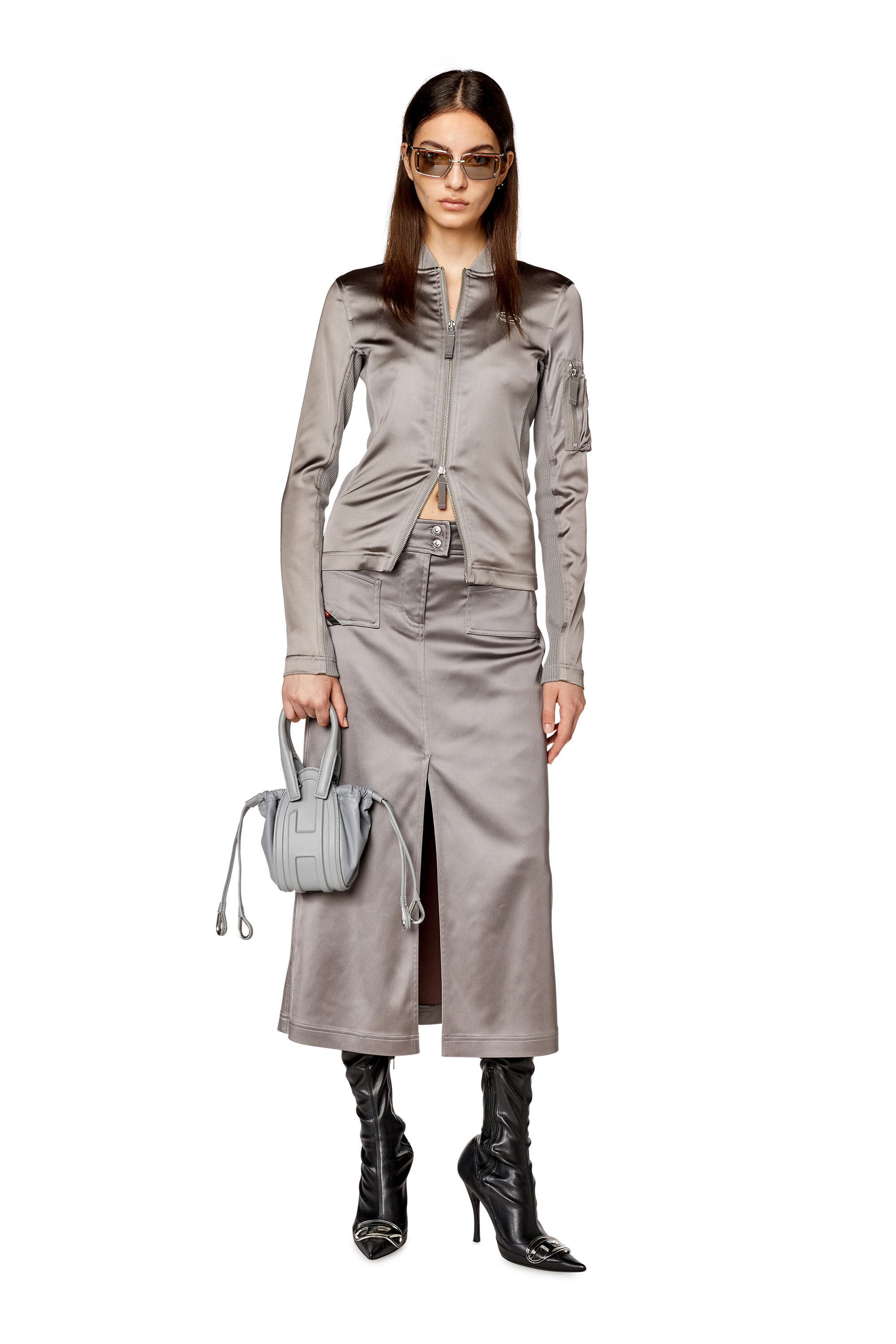 Diesel - O-YIN, Female's Midi skirt in shiny stretch satin in Grey - 1