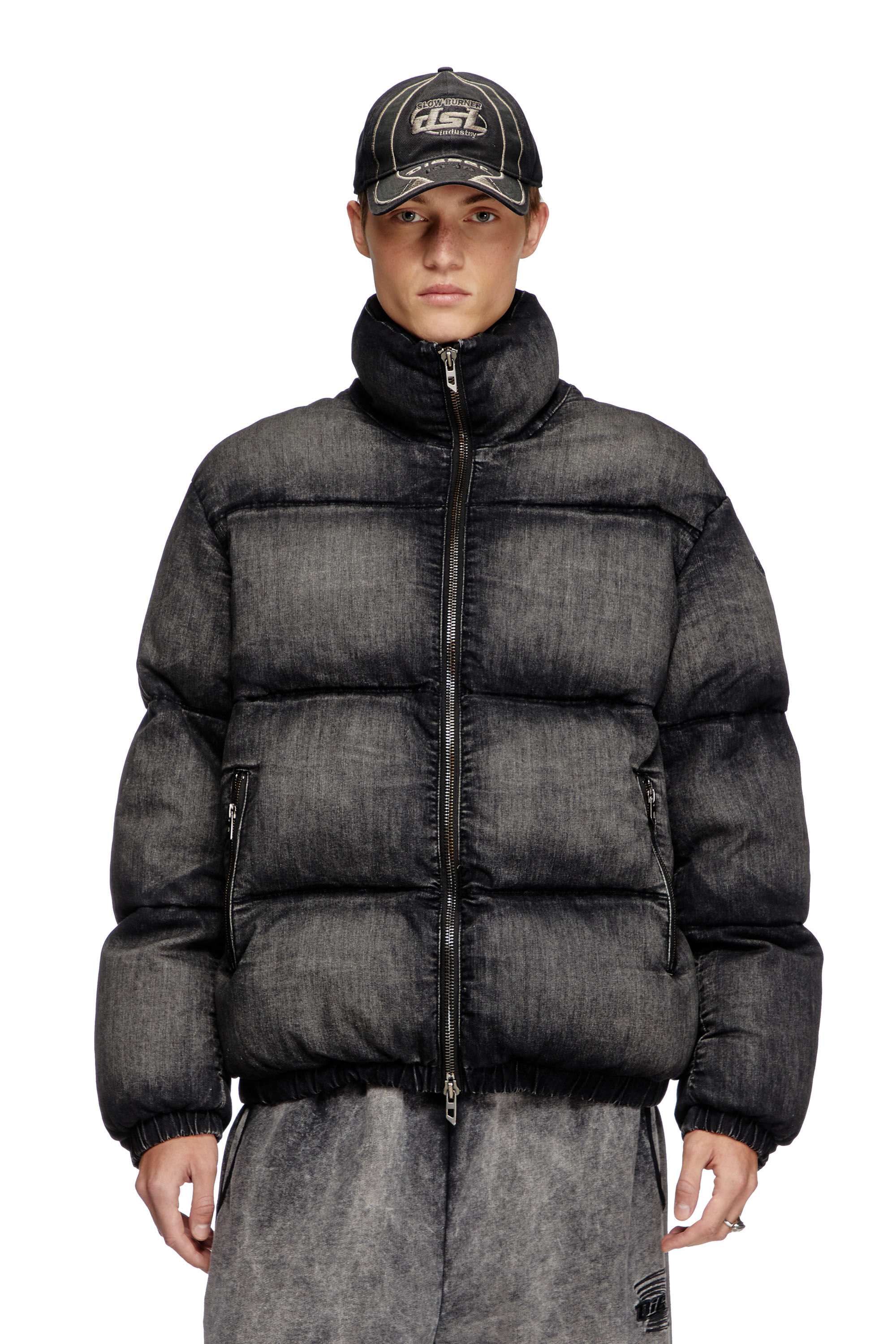 Women's Faded denim puffer jacket | Black | Diesel Women's Faded denim puffer jacket | Black | Diesel