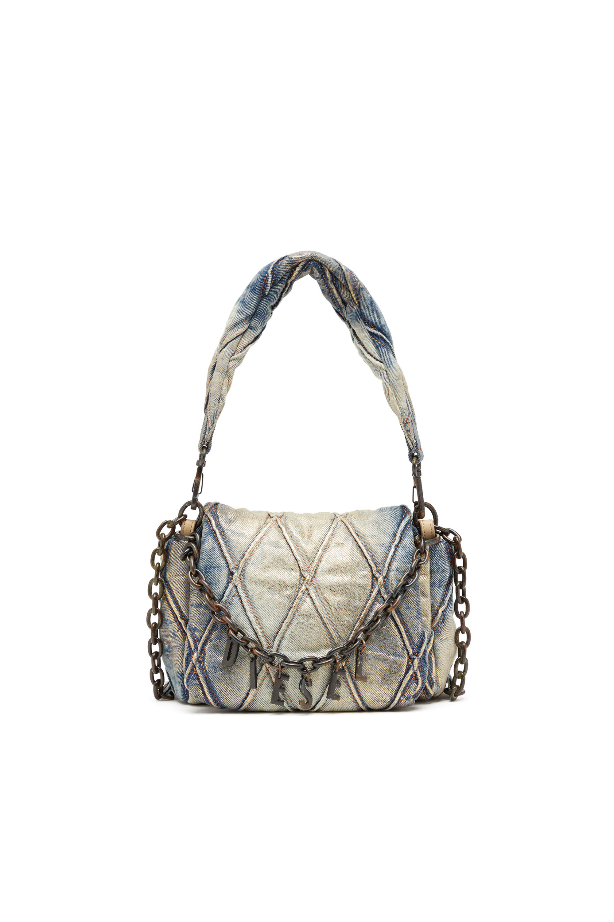 Diesel - CHARM-D SHOULDER S, Female's Charm-D S-Small shoulder bag in metallic quilted denim in Blue/Gold - 1