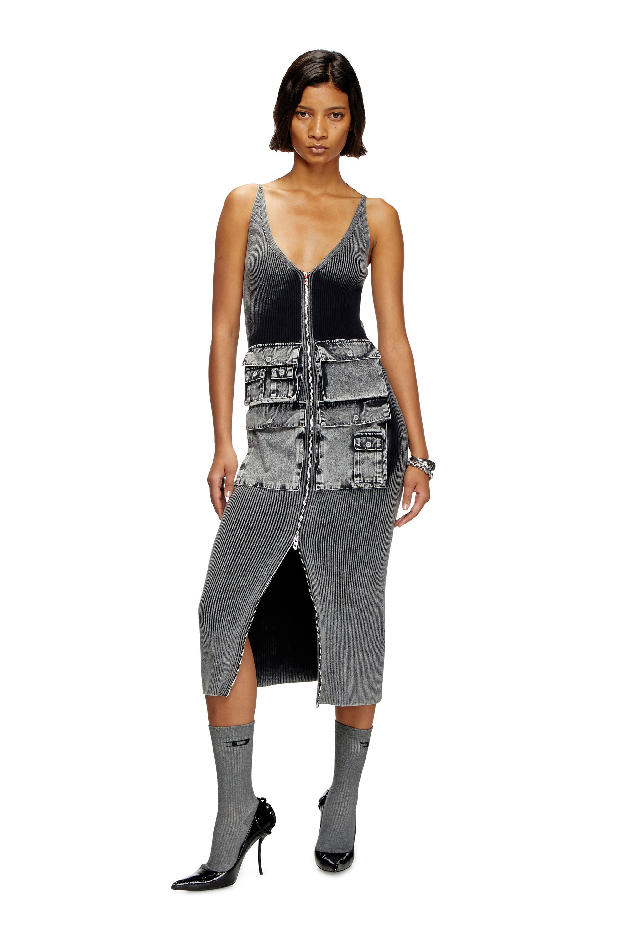 Diesel - M-MELTI, Female's Knit midi dress with contrast pockets in Dark Grey - 3