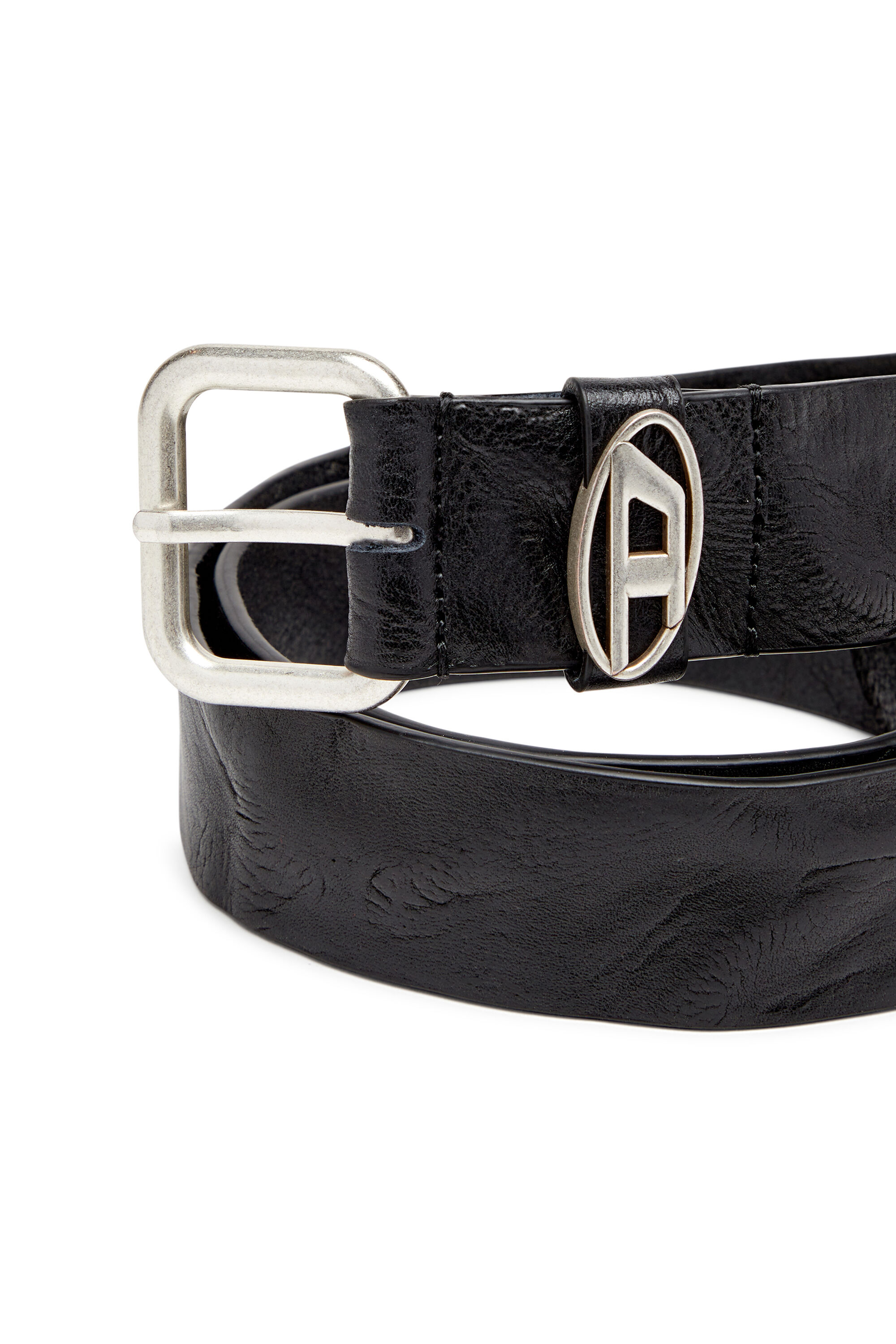 Diesel - B-1DR OVAL D LOOP, Ceinture en cuir froissé avec plaque à logo Mixte in Noir - 3
