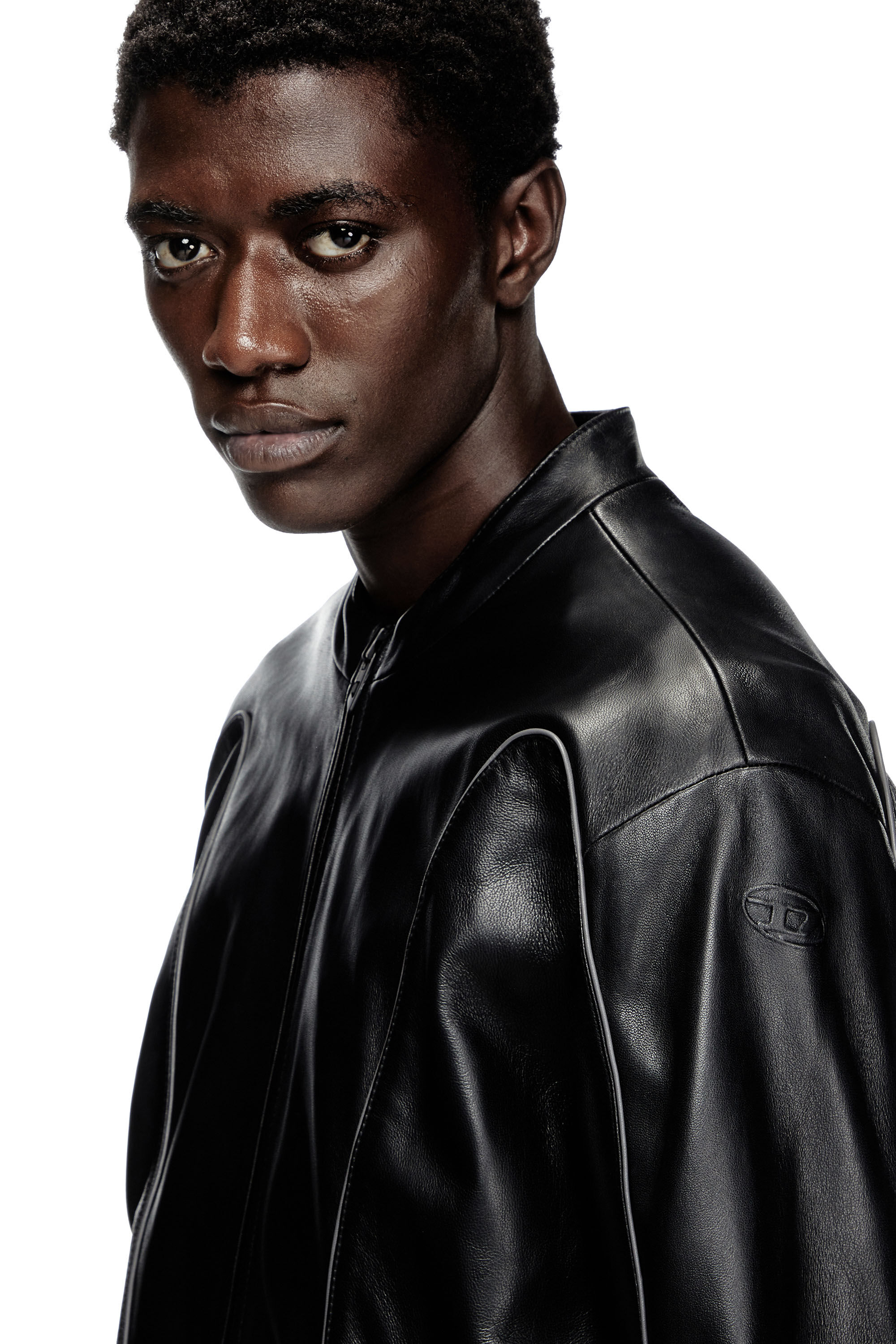Diesel - L-KRIXY, Male's Leather biker jacket with piping detail in Black - 5