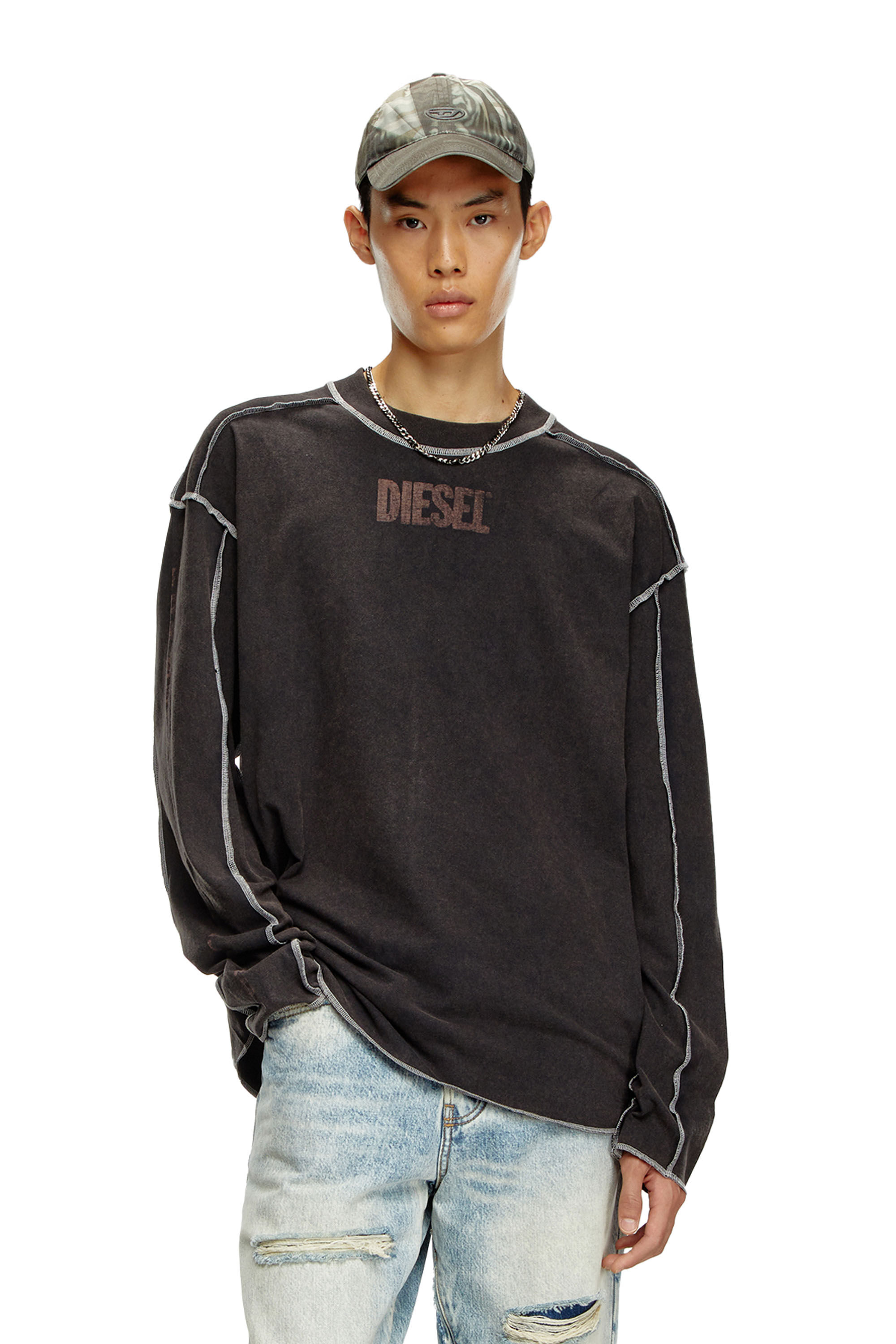 Diesel - T-CRAOR-LS, Male's Long-sleeve T-shirt with inside-out effect in Dark Grey - 3