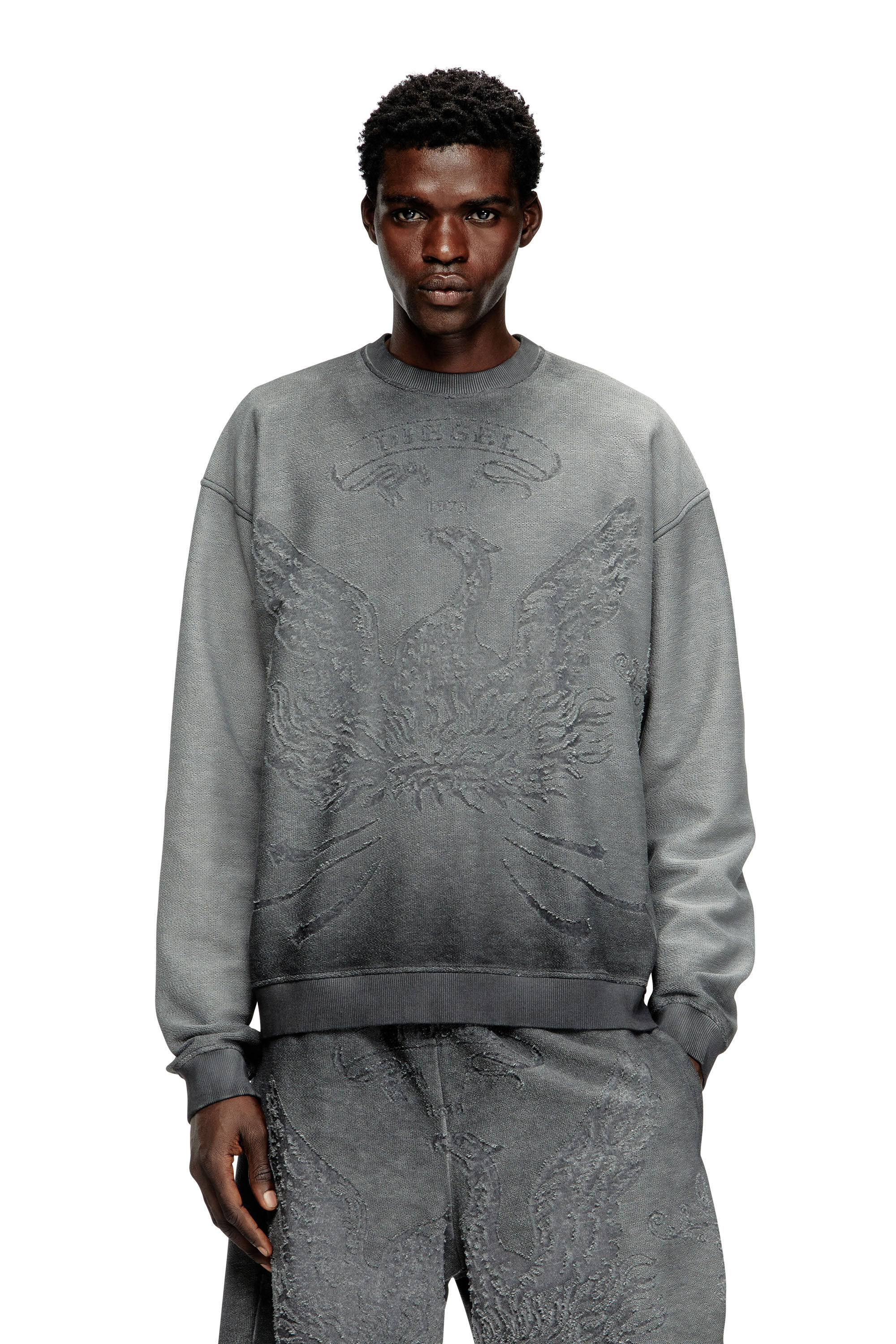 Diesel - S-ARON, Sweat-shirt délavé avec logo du phénix en dévoré Homme in Gris - 3