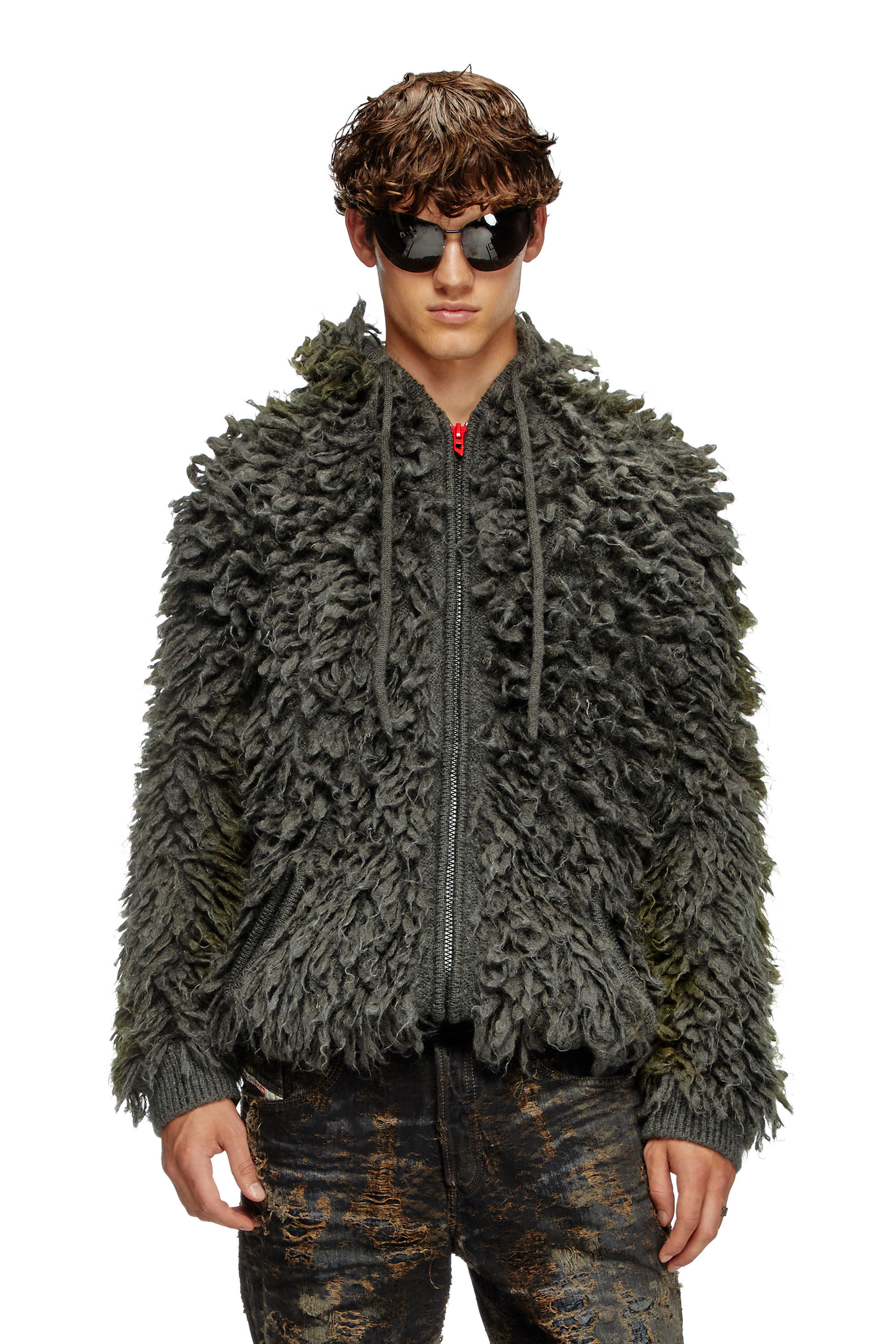 Diesel - K-WHITMAN, Male's Hooded cardigan in shaggy knit in Dark Grey - 3