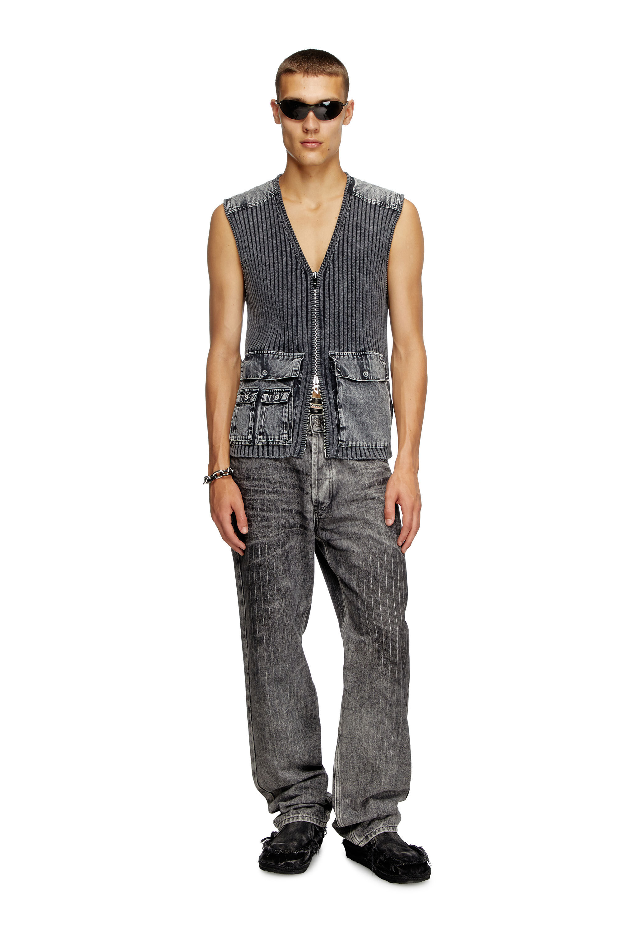 Diesel - K-MARGIE, Gilet utilitaire en maille côtelée et denim Homme in Gris - 1
