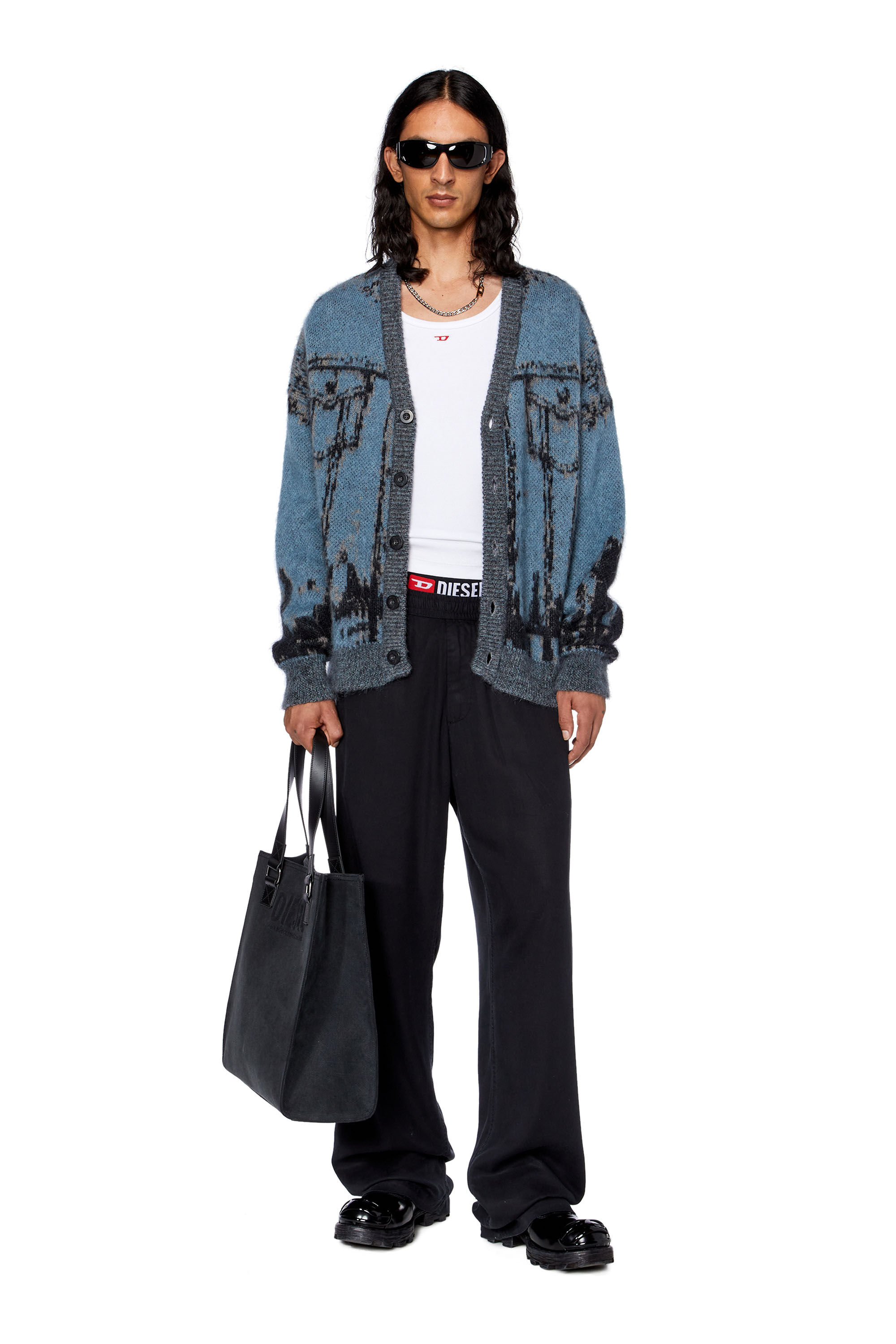 Diesel - K-PETALO, Male Knit cardigan with jacquard jeans motif in Multicolor - Image 1