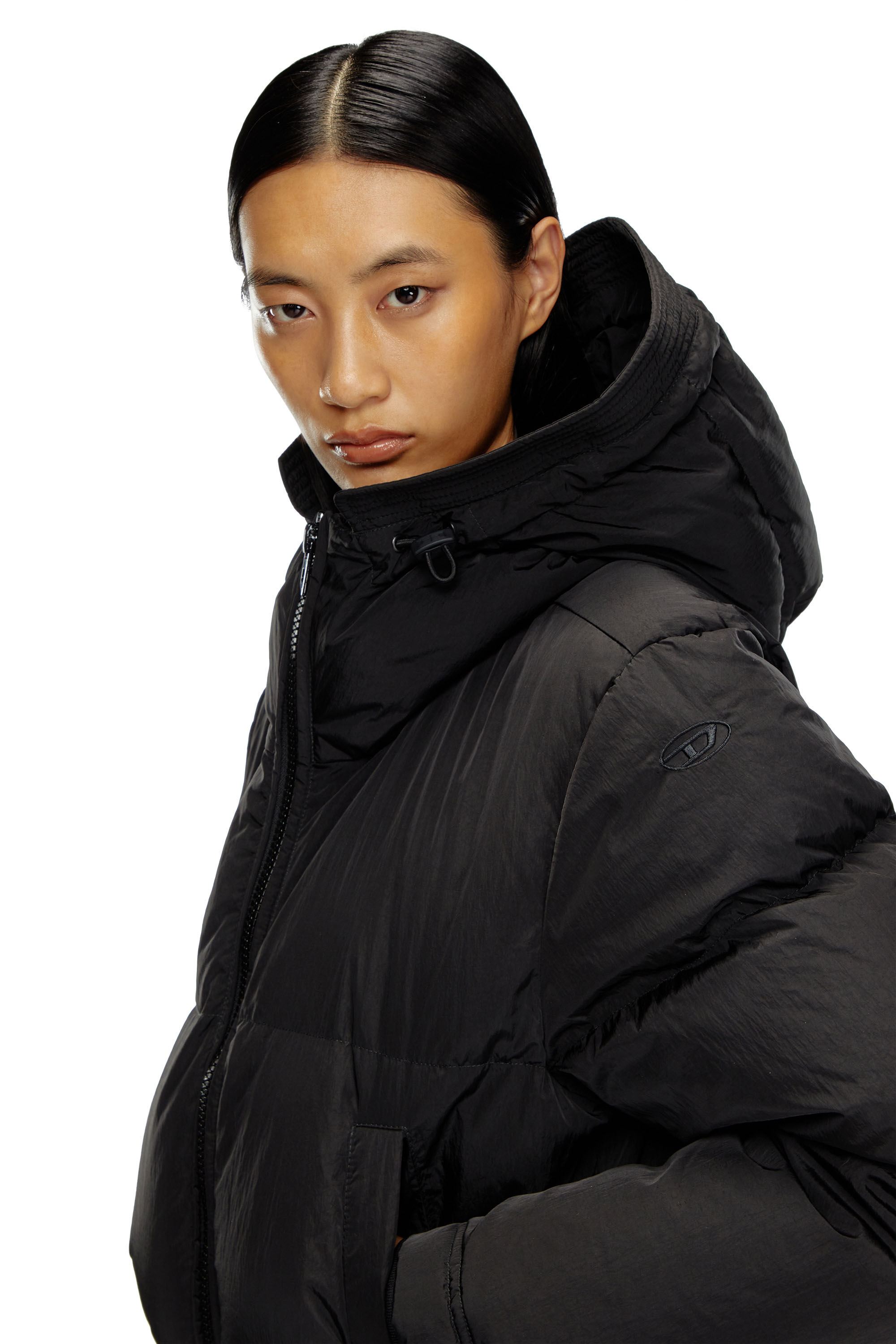 Women s Hooded down jacket in crinkled nylon Black Diesel