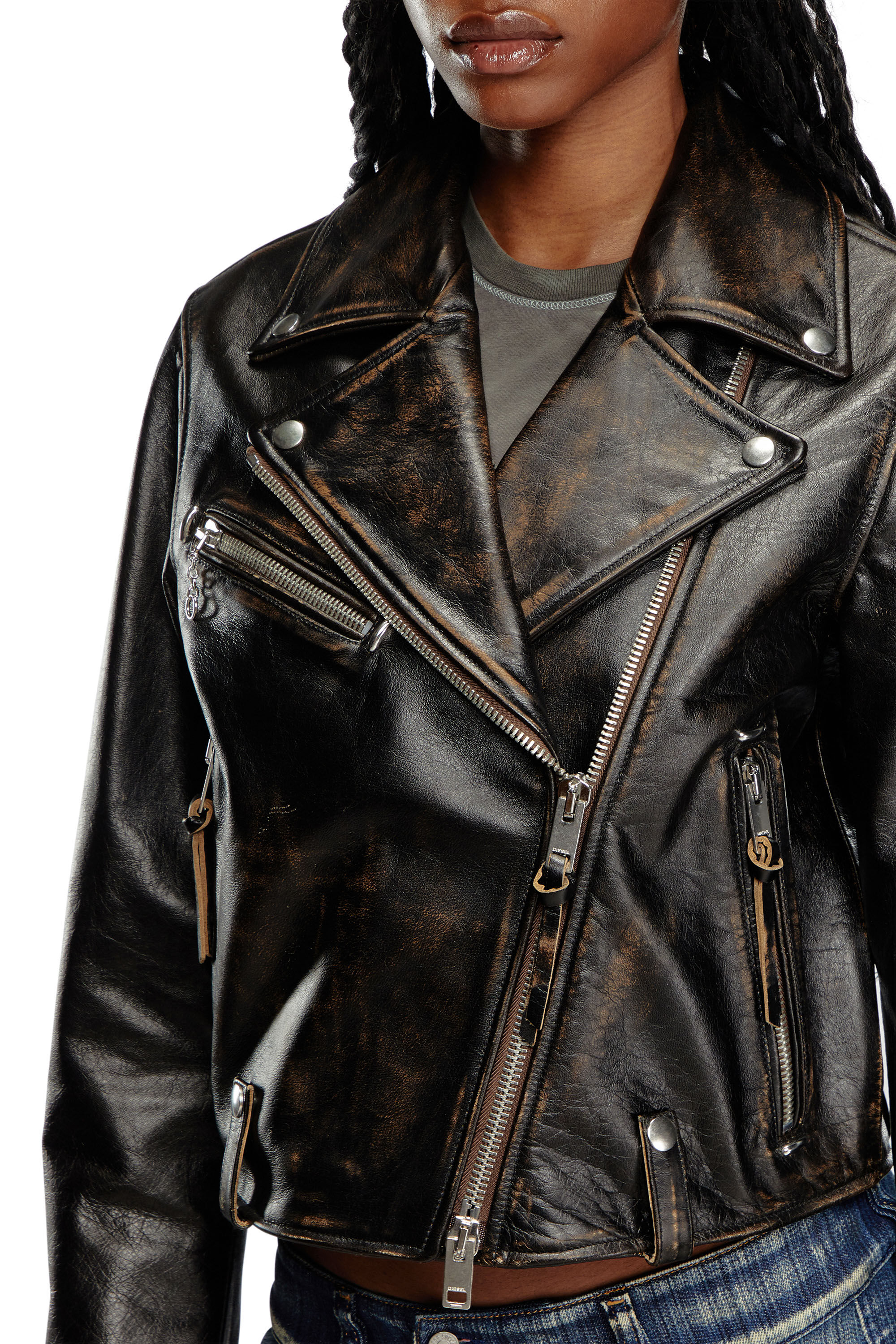 Diesel - L-EDMEA-CL, Veste de motard en cuir traité Femme in Noir - 4