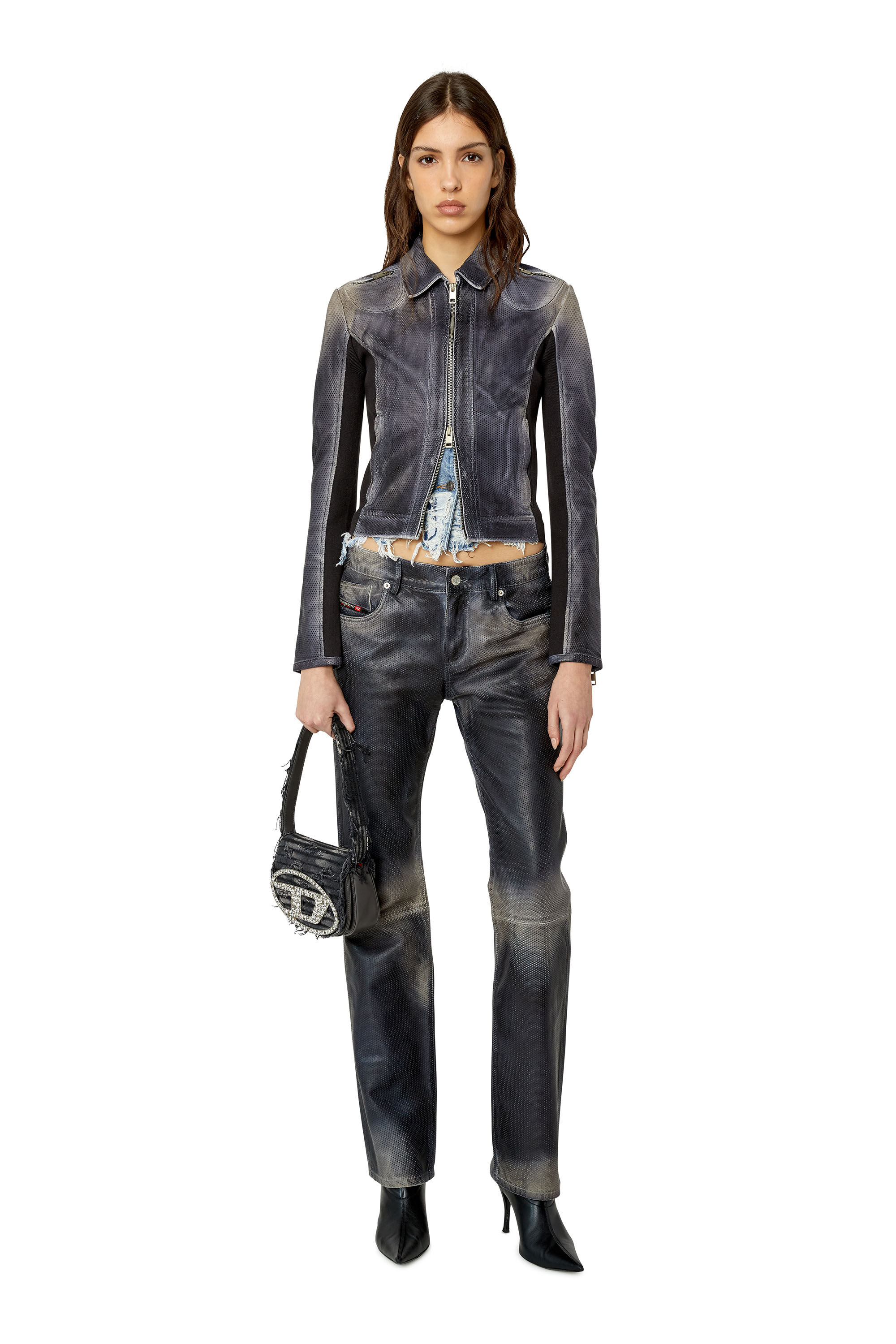 L TAFY Woman Panelled perforated leather jacket Diesel