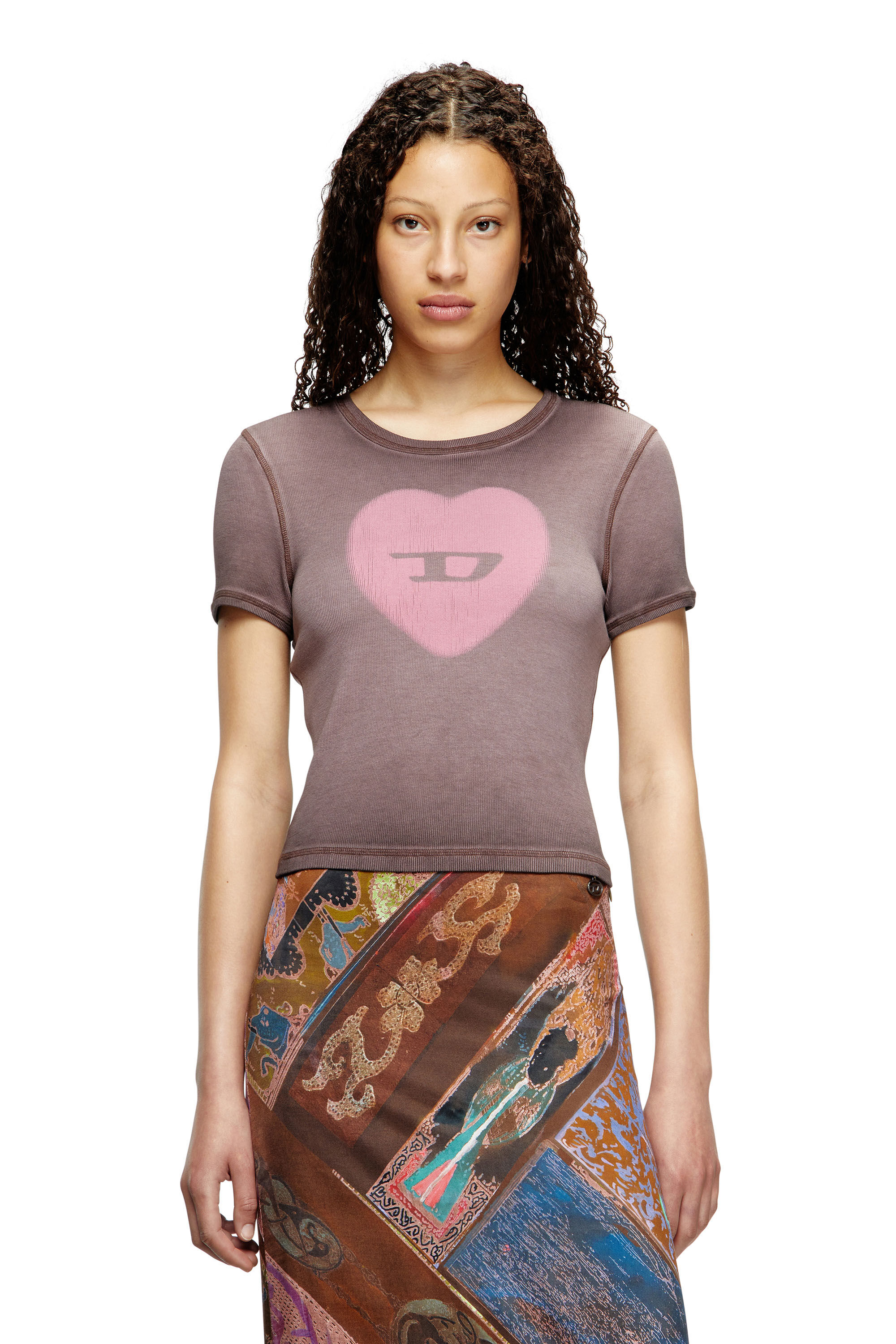 Diesel - T-ELE, T-shirt côtelé avec cœur D effet aquarelle Femme in Violet - 3