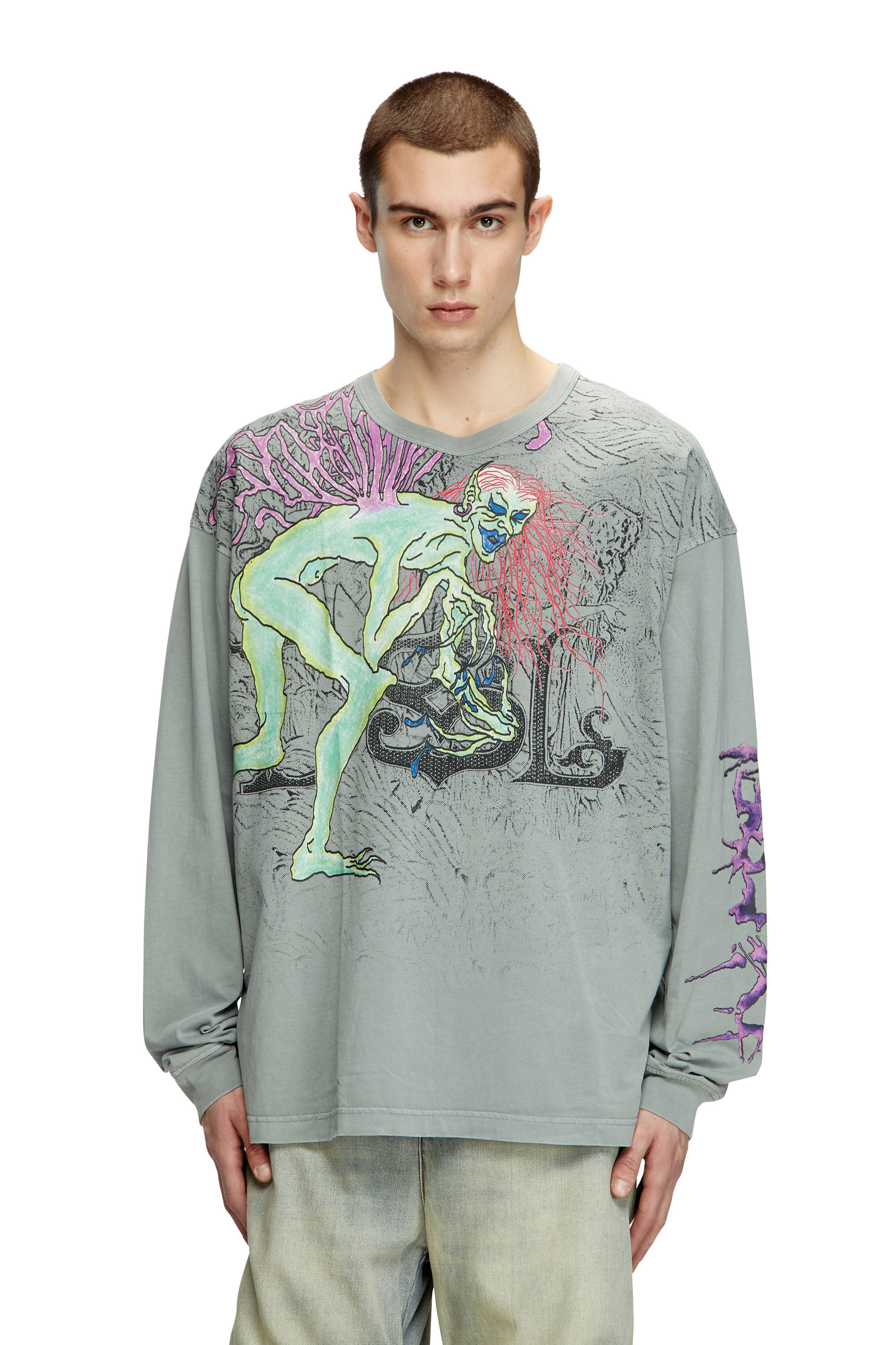 Diesel - T-BOXT-LS-R12, Male's Long-sleeve T-shirt with tattoo graphics in Grey - 3