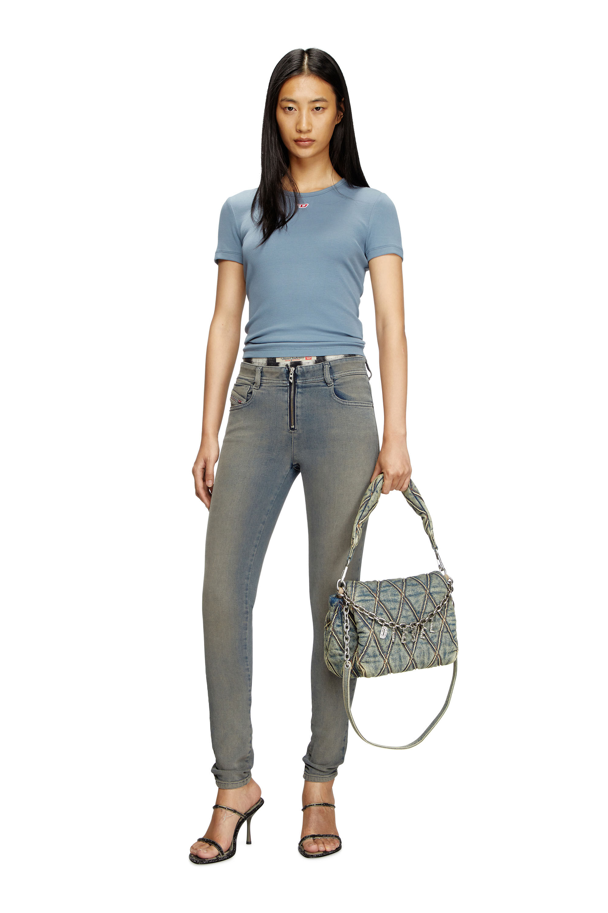 Diesel - T-ELE-LONG-D, Female's T-shirt with D logo patch in Light Blue - 1
