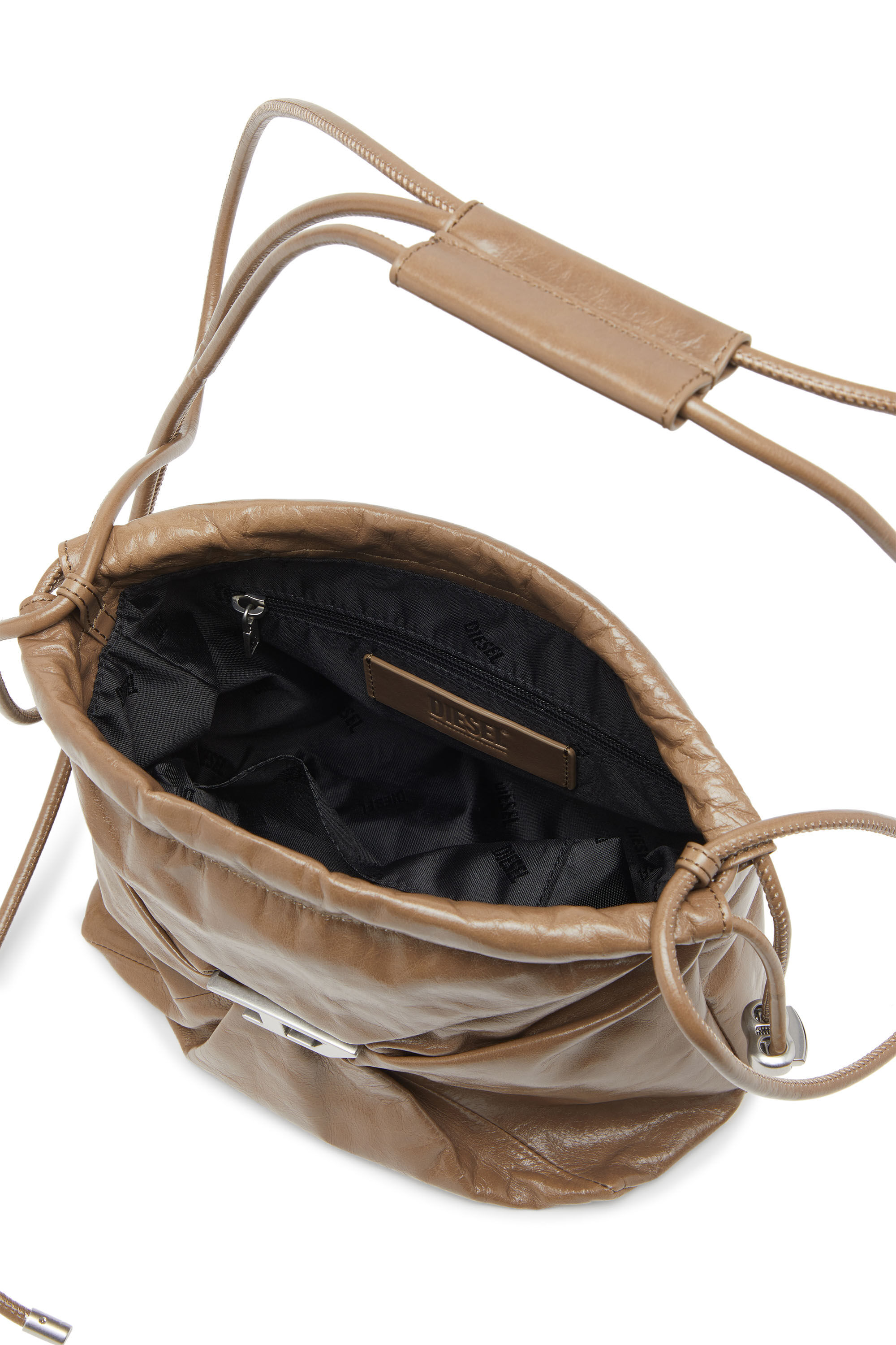 Diesel - SCRUNCH-D BUCKET, Female's Scrunch-D-Bucket bag in shiny wrinkled leather in Light Brown - 2