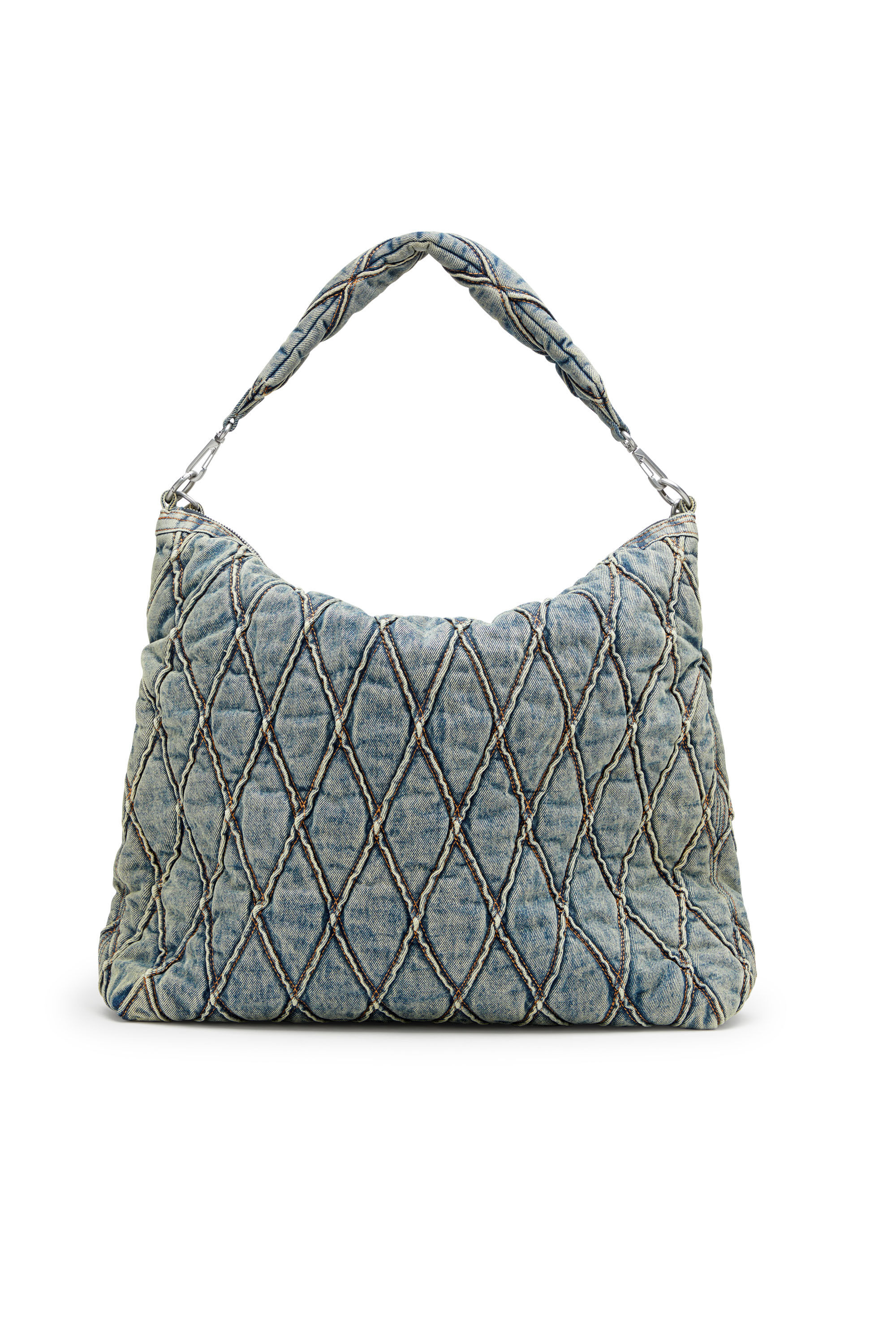 Diesel - CHARM-D HOBO, Charm-D-Grand sac hobo en denim matelassé motif Argyle Femme in Bleu - 3
