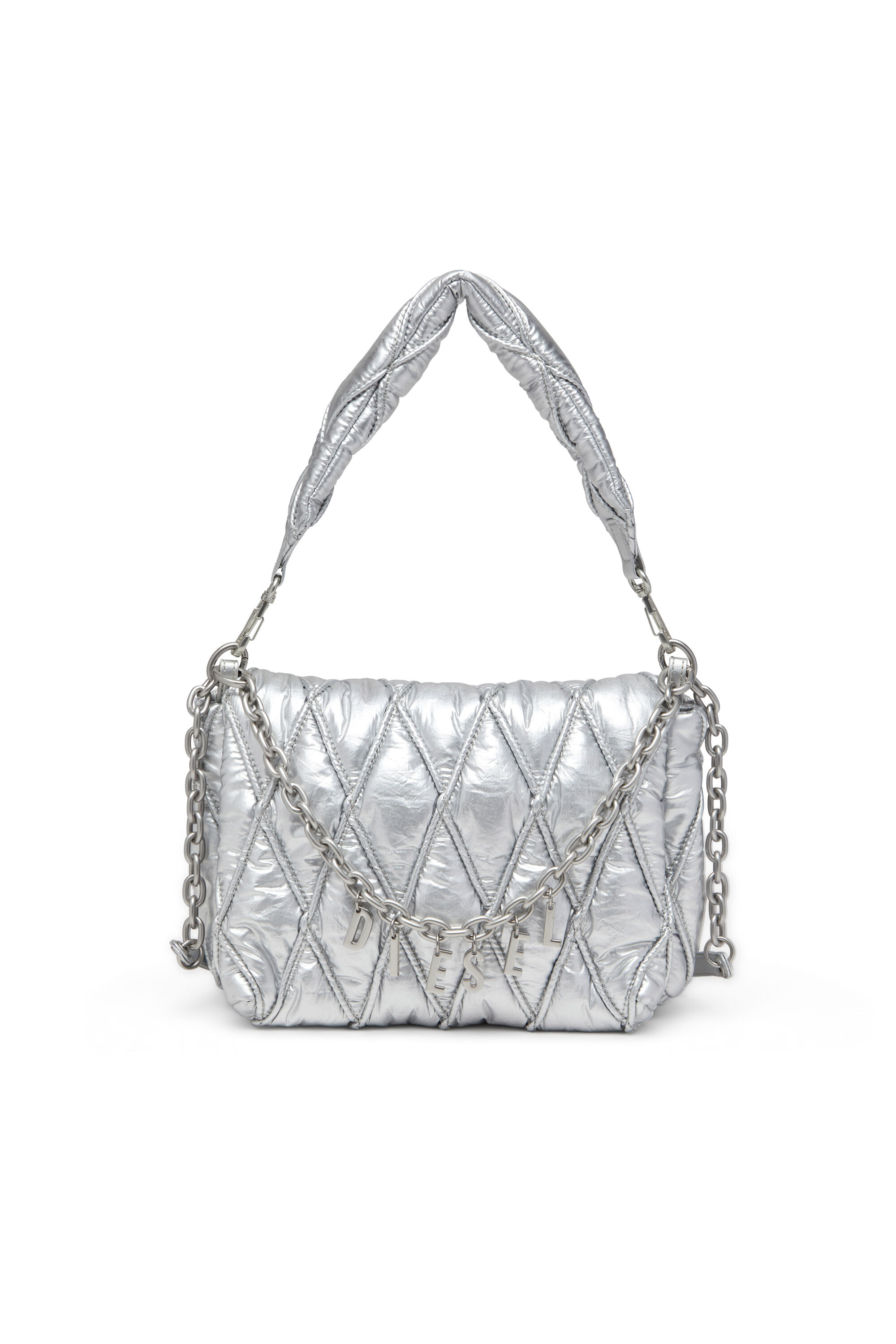 Diesel - CHARM-D SHOULDER M, Female's Charm-D M-Shoulder bag in quilted metallic nylon in Silver - 1